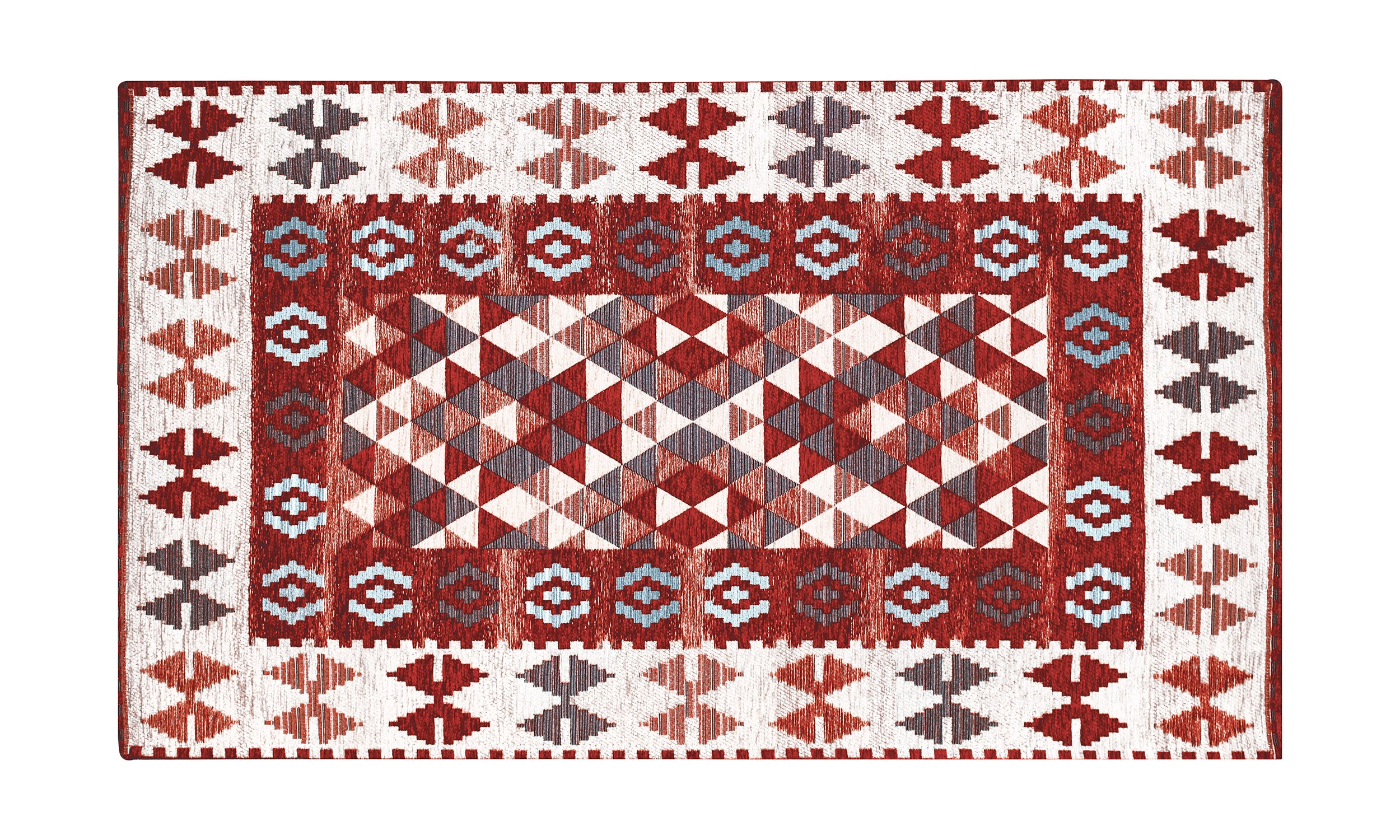 Tappeto arredamento disegno kilim rosso 65x115 cm, moderno e antiscivolo, perfetto per ogni stanza.