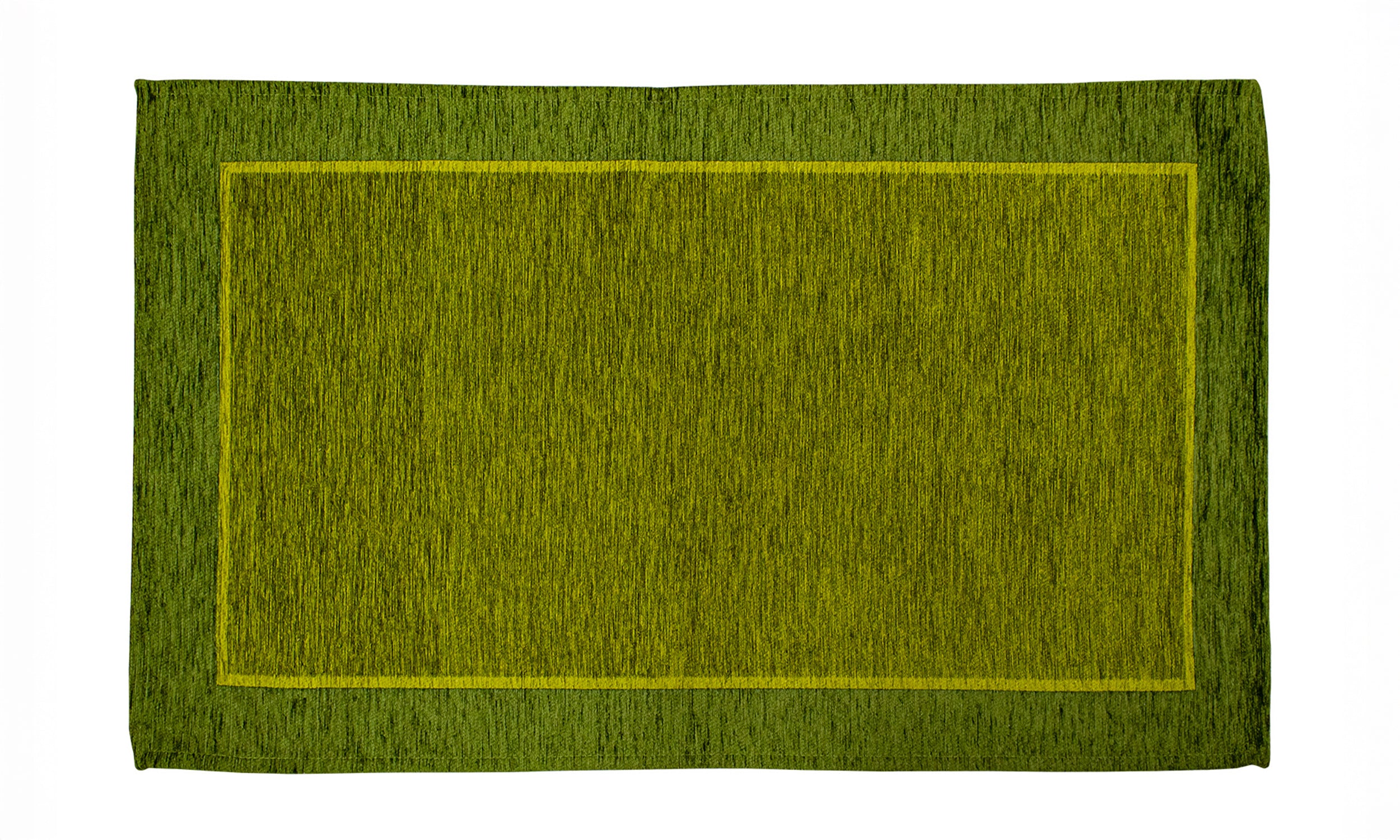Tappeto verde giungla 115x175 cm con bordo giallo, antiscivolo e design moderno.