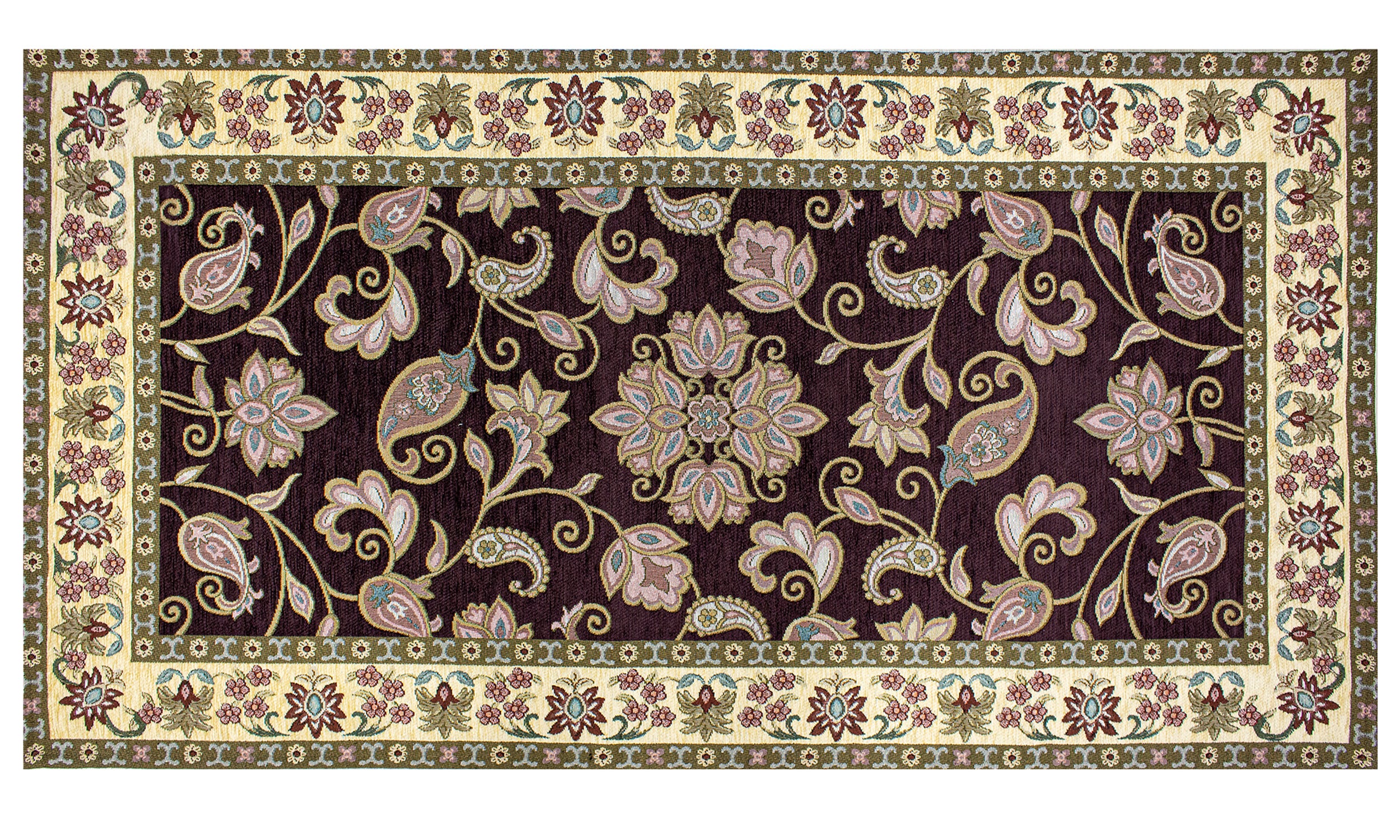 Elegant vinous patterned area rug with floral motifs and ornate borders, ideal for modern decor.