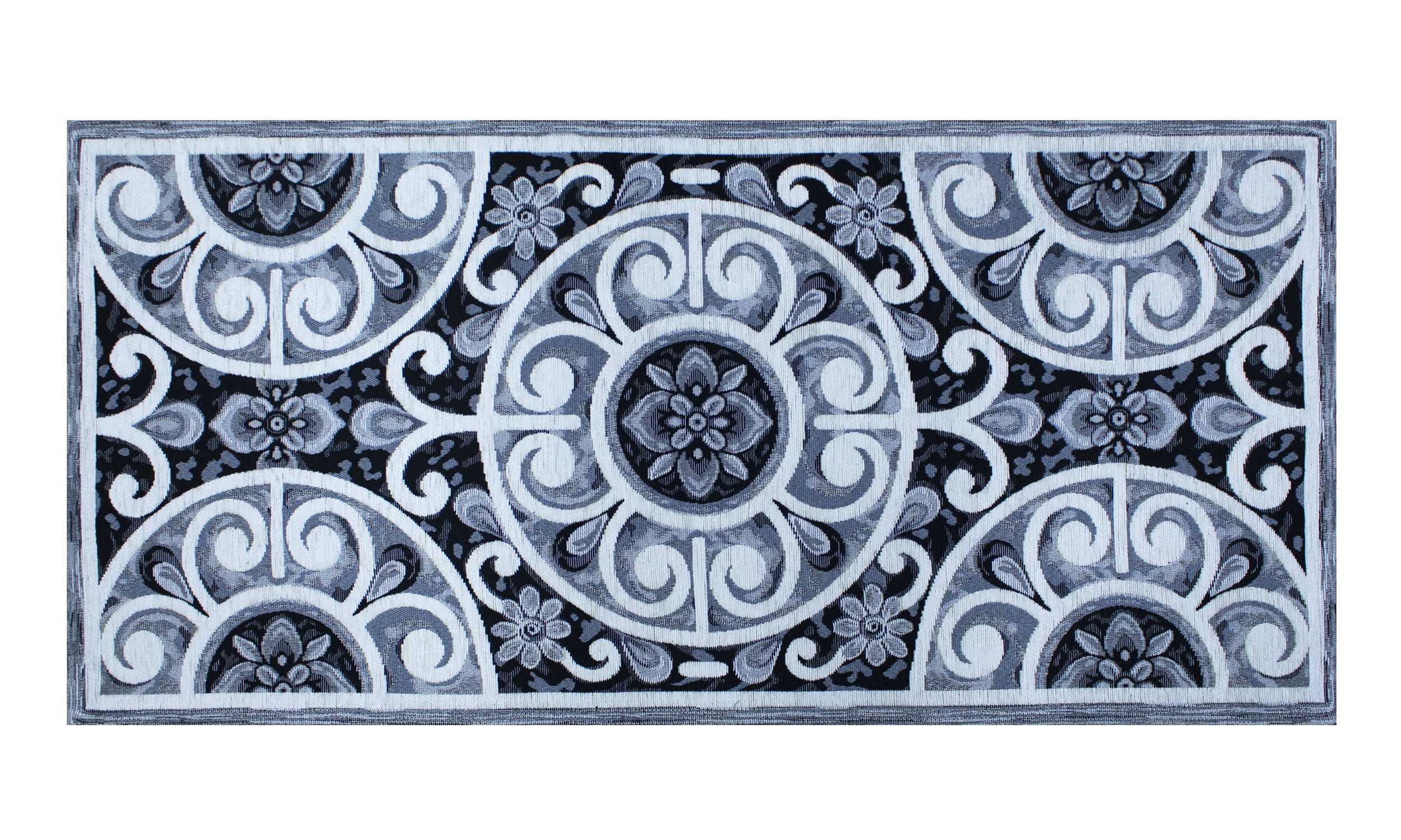Elegant gray and white kitchen rug with intricate floral design, measuring 57x85 cm, featuring non-slip backing.