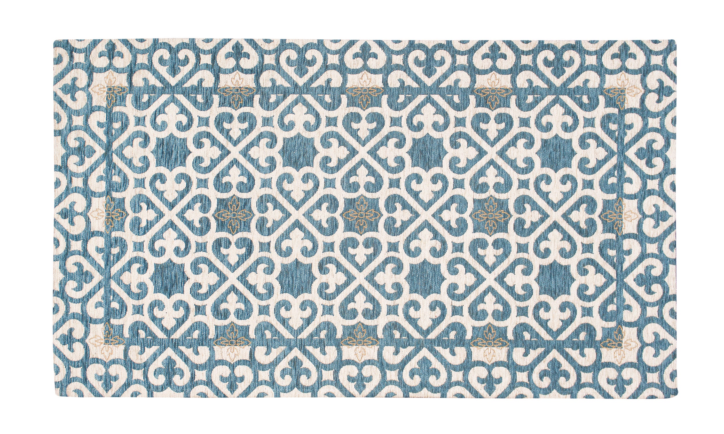 Tappeto arredato con disegno arabesco in tonalità azzurro topazio, 160x240 cm, con fondo antiscivolo.