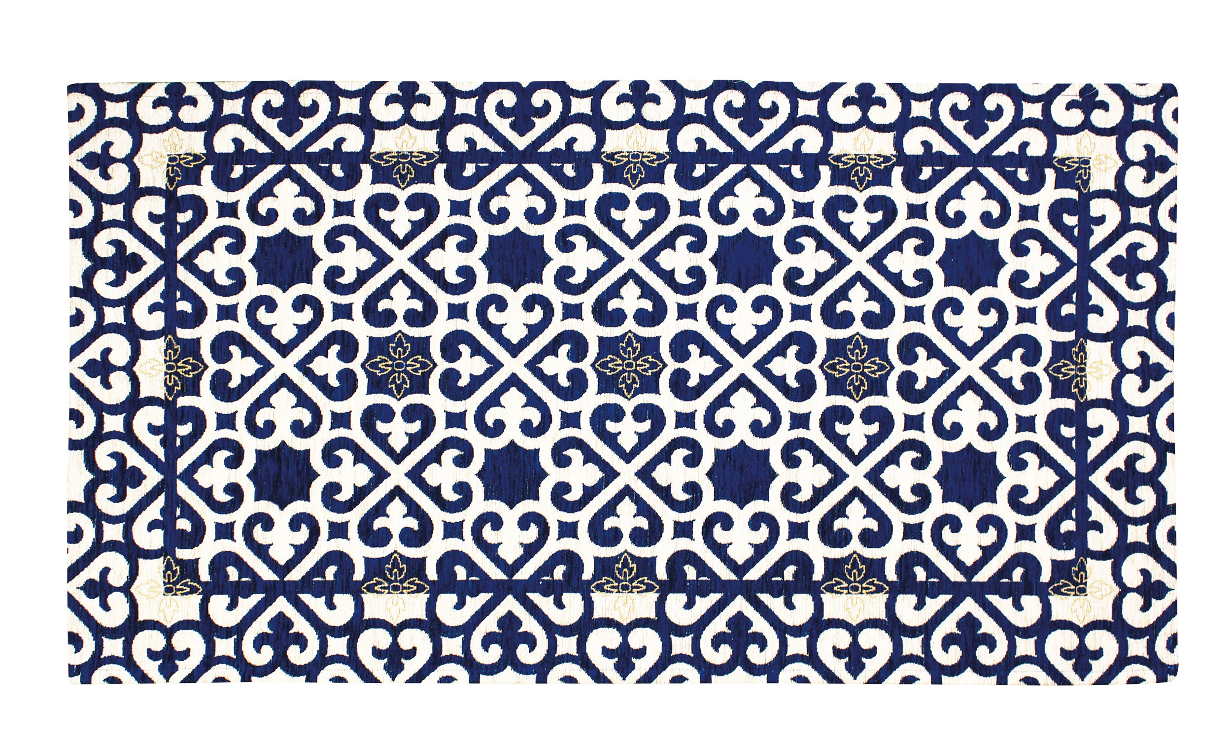 Tappeto arredo disegno arabesco blu notte, 160x240 cm, con fondo bianco e dettagli dorati, design moderno.
