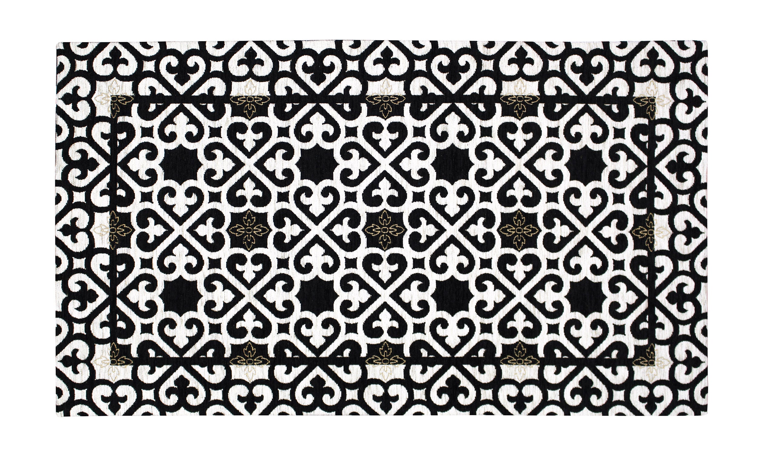 Tappeto moderno disegno arabesco in bianco e nero, antiscivolo, 160x240 cm, elegante e versatile.