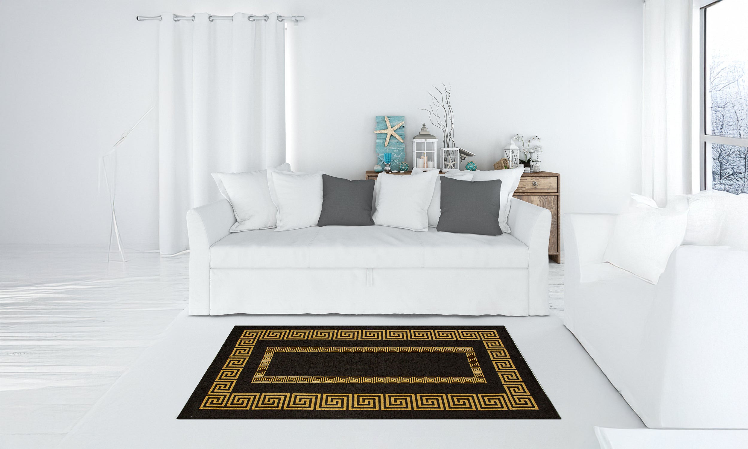 Black and gold TAPPETO ARREDO ATENE in a modern living room, adding style to the white decor.