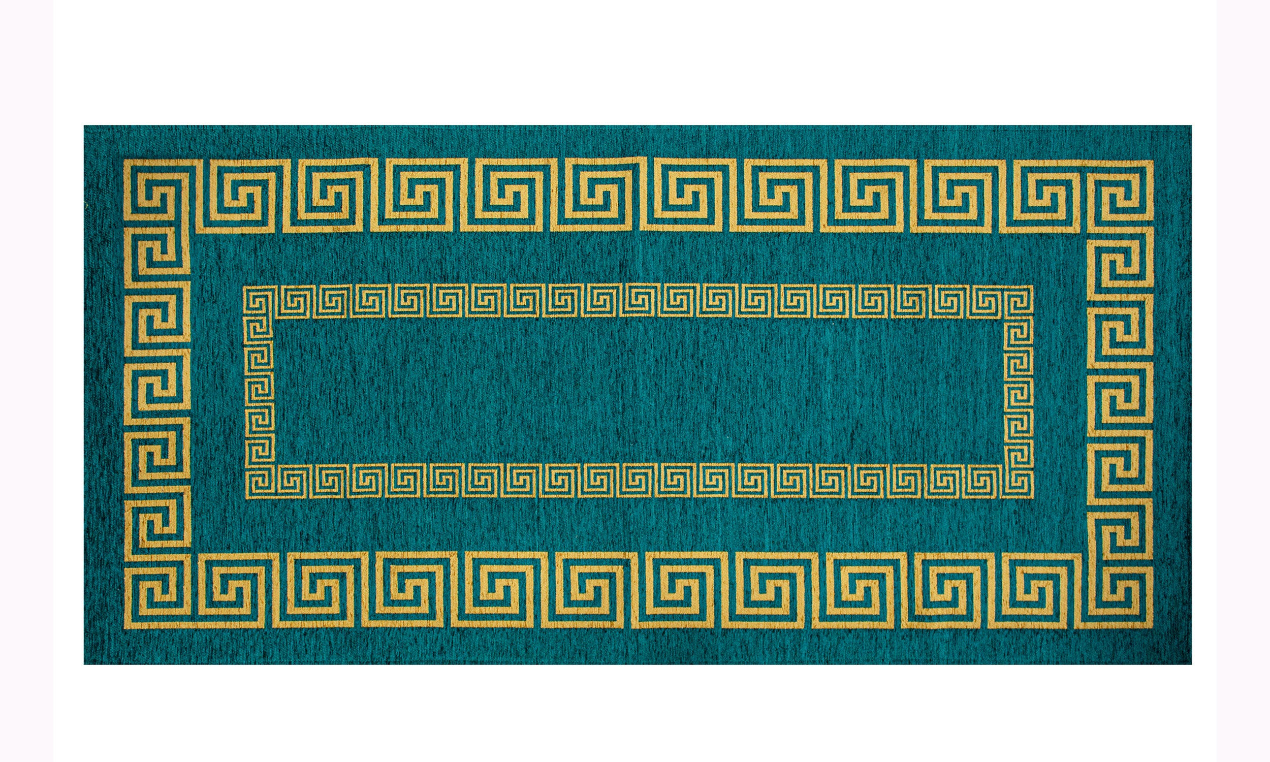 Tappeto arredo Atene petrolio 115x175 cm con motivo geometrico dorato, resistente e antiscivolo.