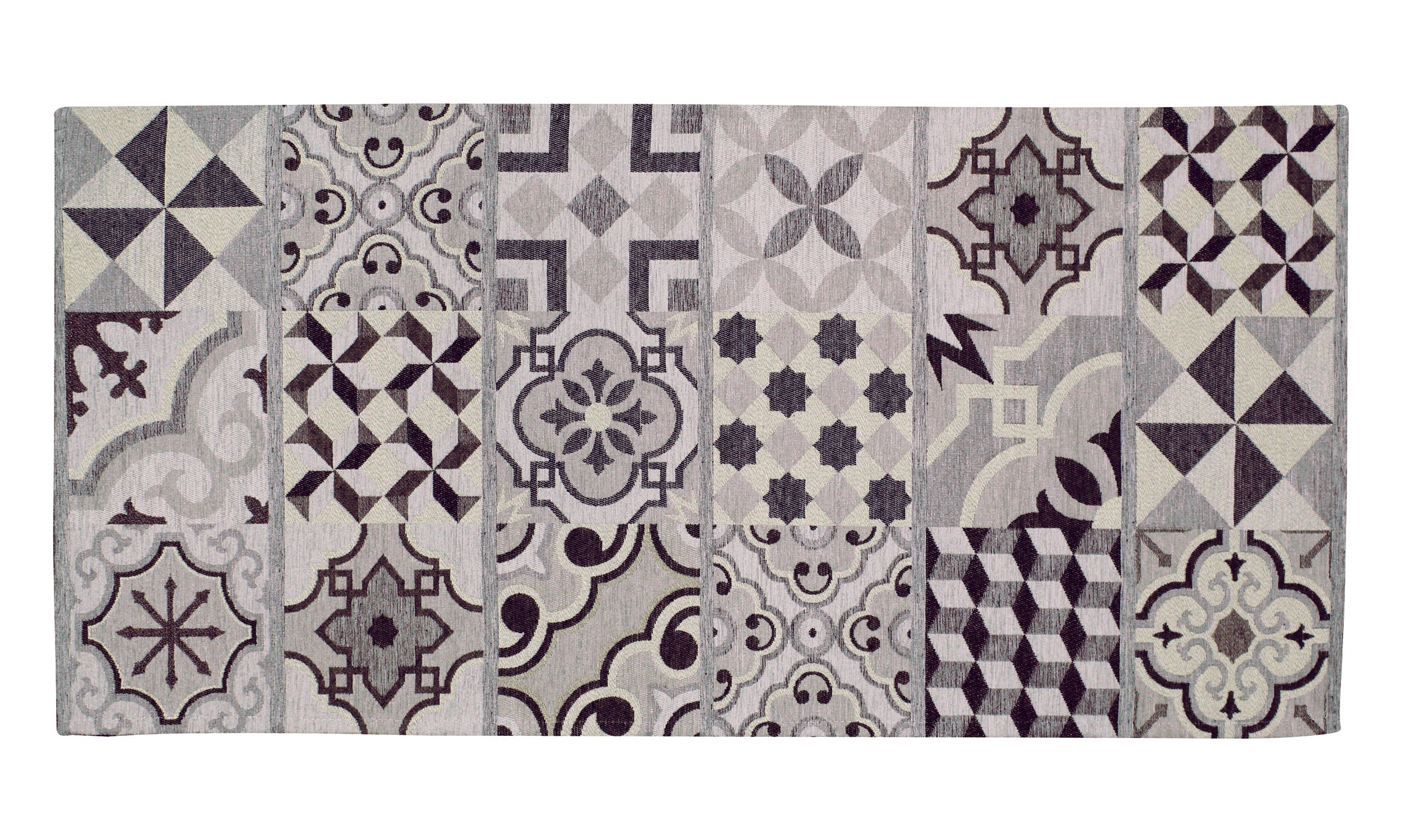 Modern gray kitchen rug with varied geometric patterns, 57x85 cm, soft and easy to clean.