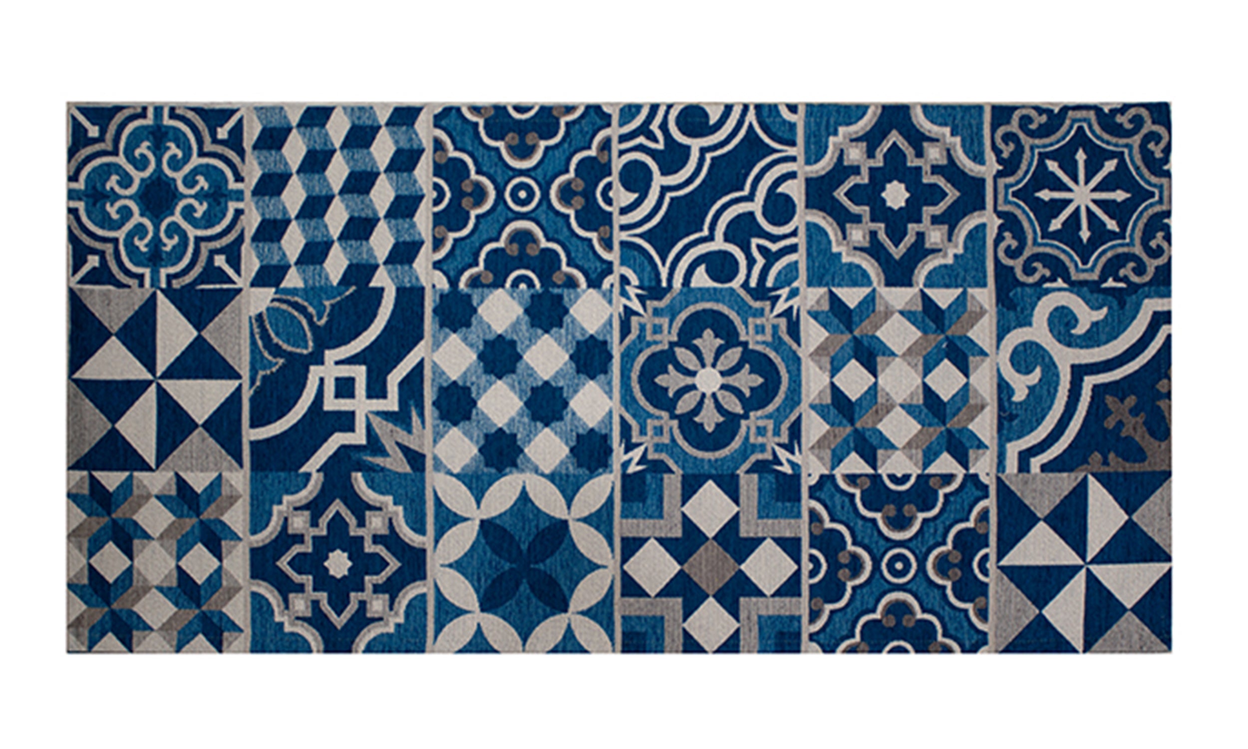 Modern kitchen carpet in shades of blue with intricate geometric patterns, 57x85 cm.