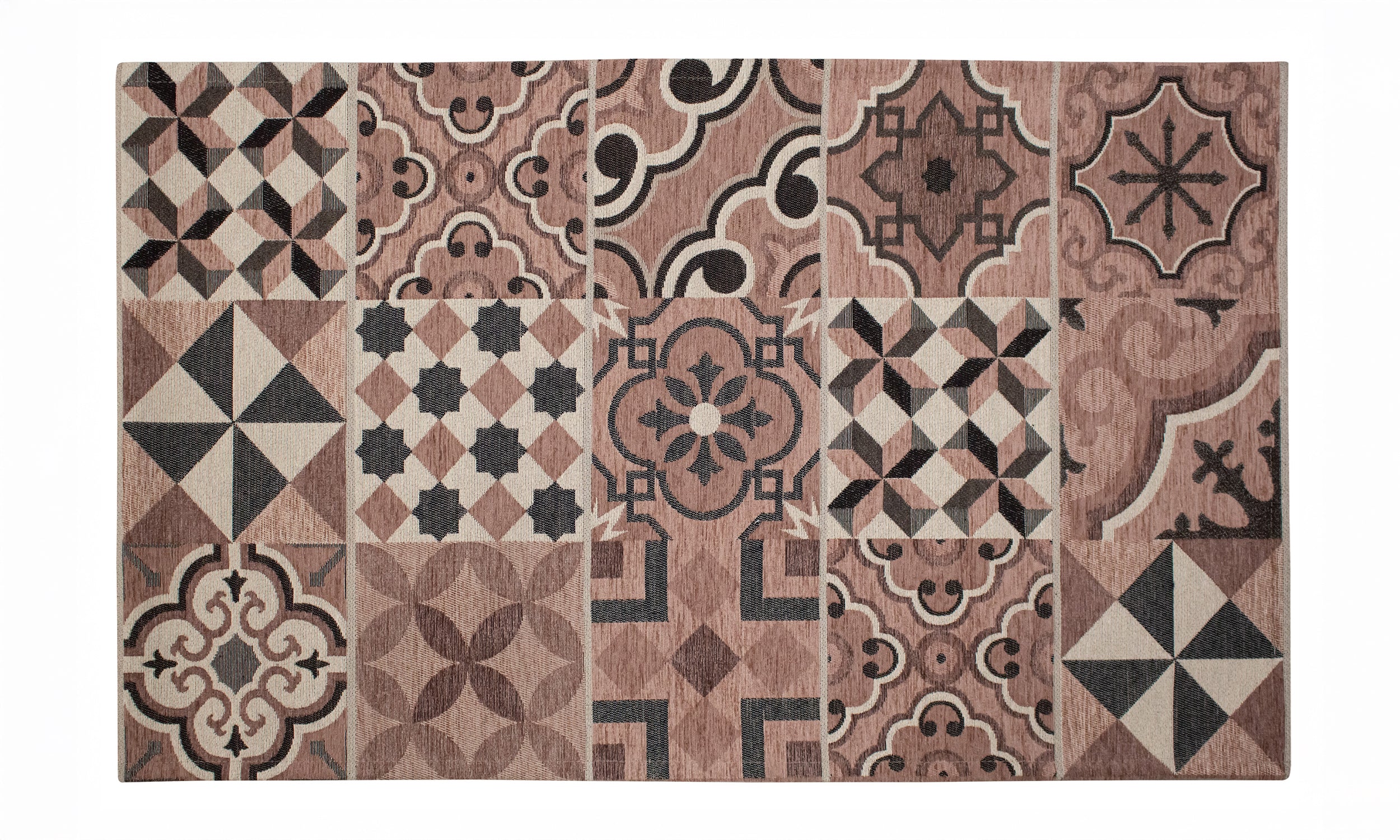 Colorful kitchen rug with modern geometric patterns in shades of plum and beige, measuring 57x85 cm.
