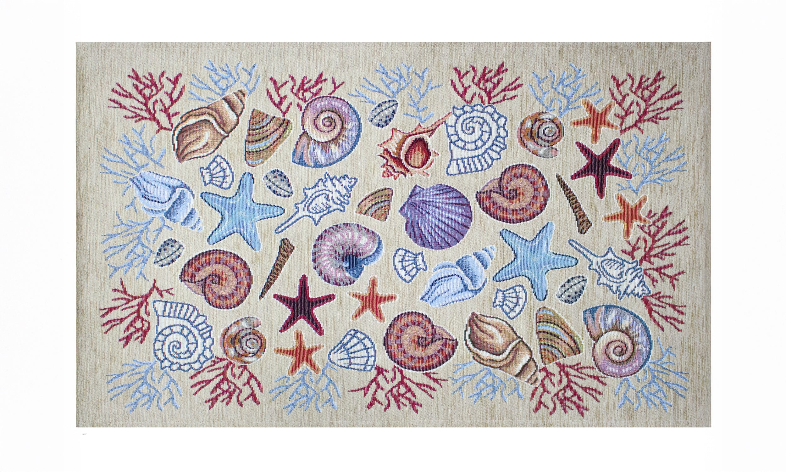 Tappeto da cucina con design di conchiglie e stelle marine, antiscivolo, 57x80 cm, colori vivaci e effetto scolpito.