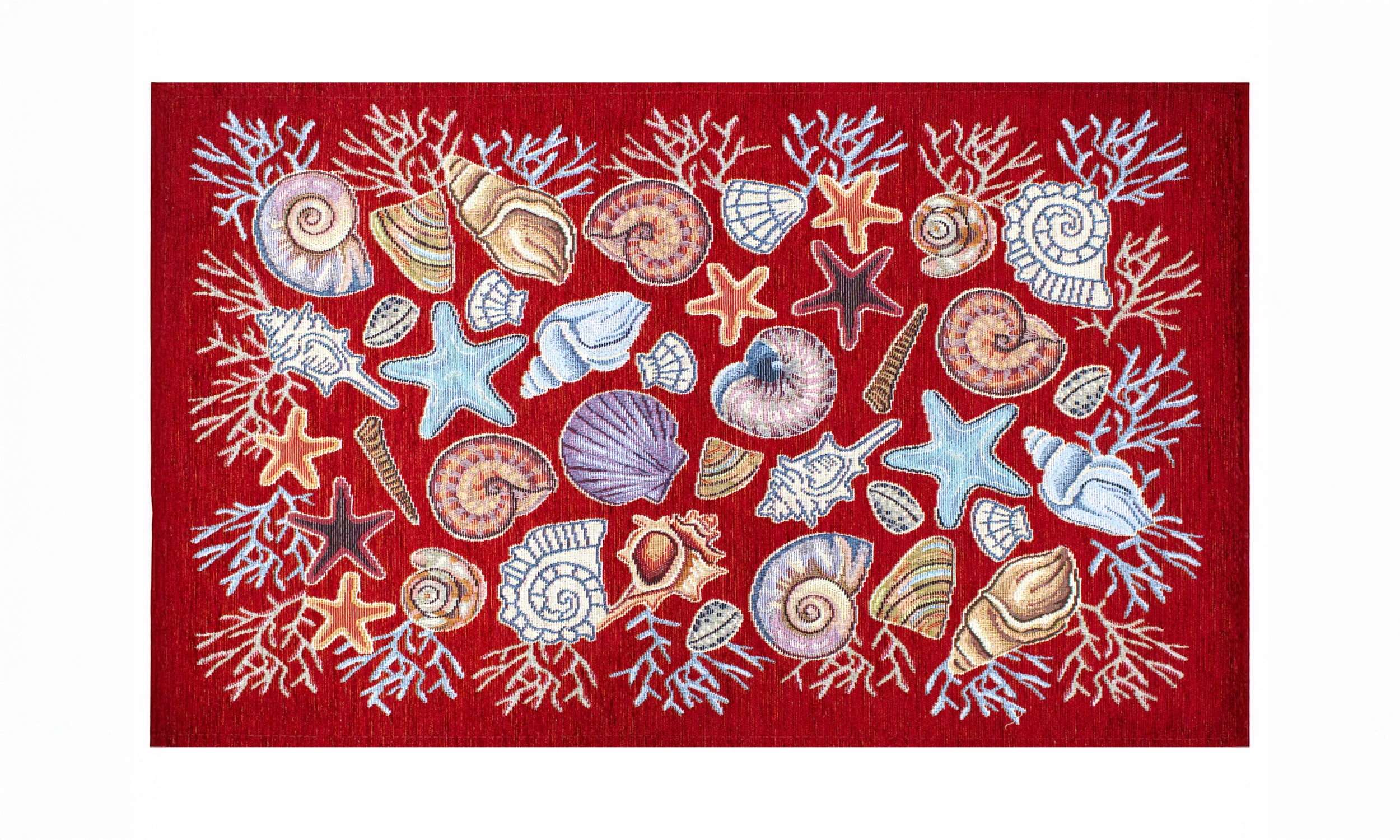 Colorful kitchen rug featuring seashells and starfish on a vibrant red background, measuring 57x80 cm with non-slip design.