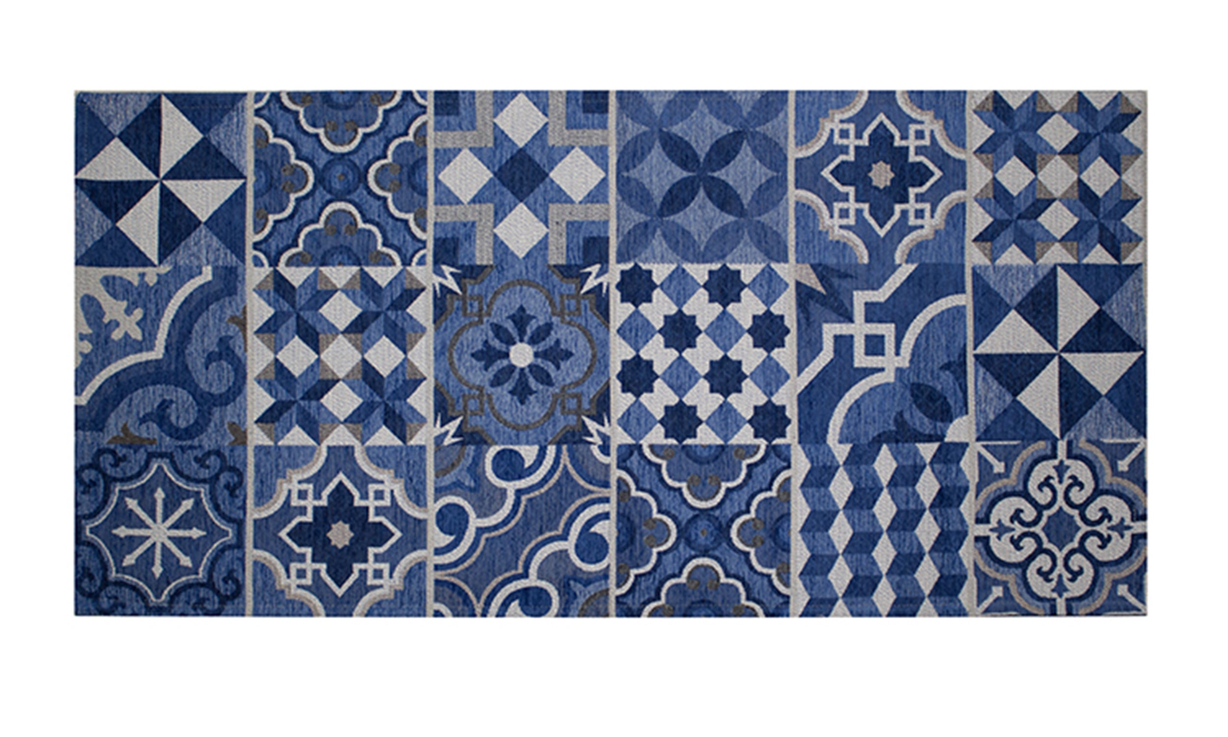 Tappeto da cucina blu mare 57x85 cm con motivi geometrici moderni e tonalità vivaci.