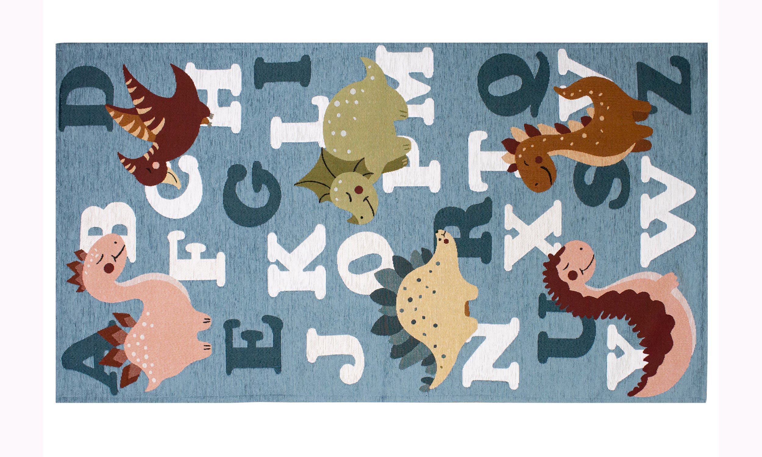 Tappeto azzurro con dinosauri e lettere, morbido e antiscivolo, ideale per camerette infantili.