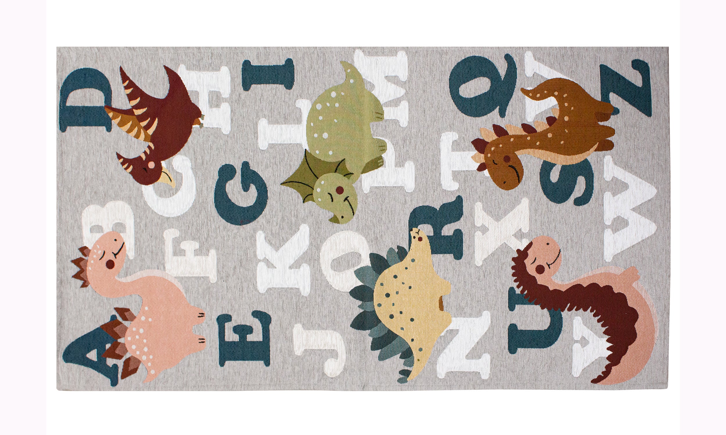 Tappeto moderno con dinosauri colorati e lettere su sfondo grigio, 115x175 cm, antiscivolo e morbido