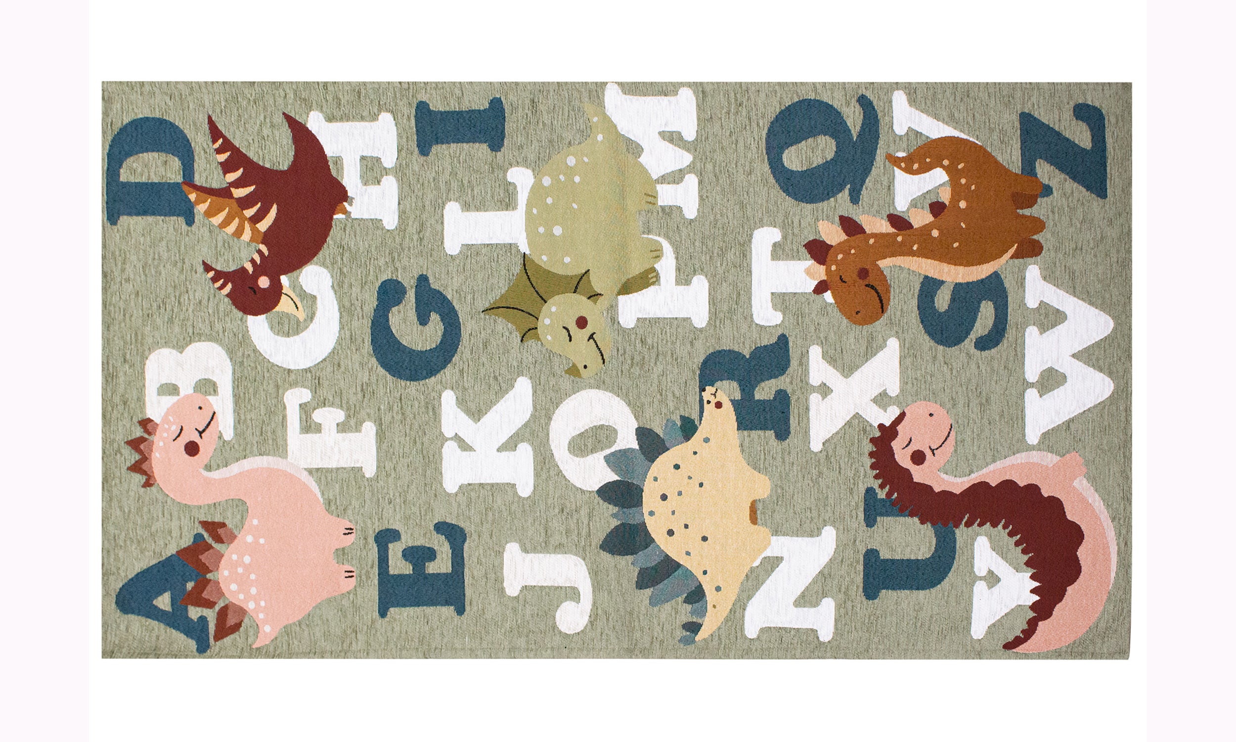 Tappeto verde con dinosauri e lettere A-Z, design moderno e antiscivolo per cameretta bambini.