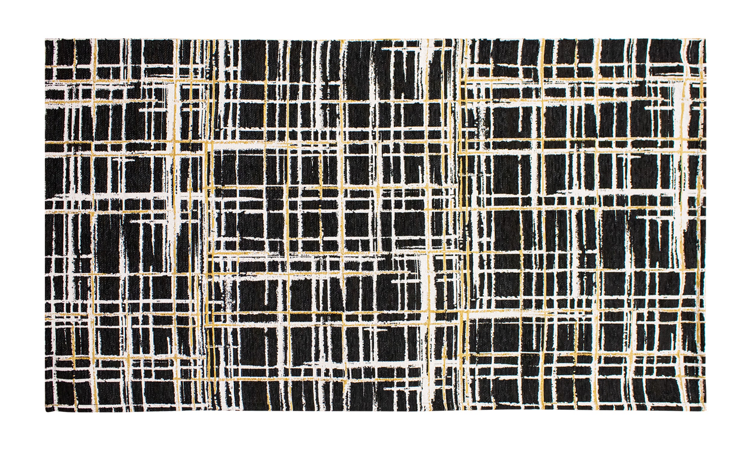 Tappeto arredato con motivo grafico bianco e nero, 115x175 cm, con effetto antiscivolo e design moderno.