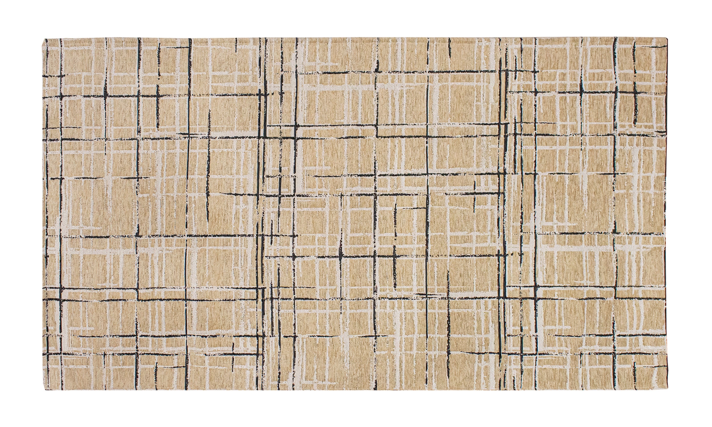 Modern beige rug with black geometric pattern, soft and durable, suitable for any room.