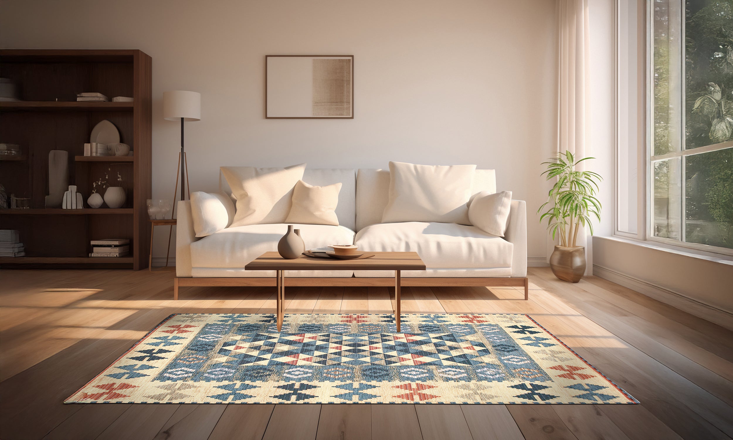 Tappeto moderno disegno a motivi geometrici, con divano e tavolino in un soggiorno luminoso.