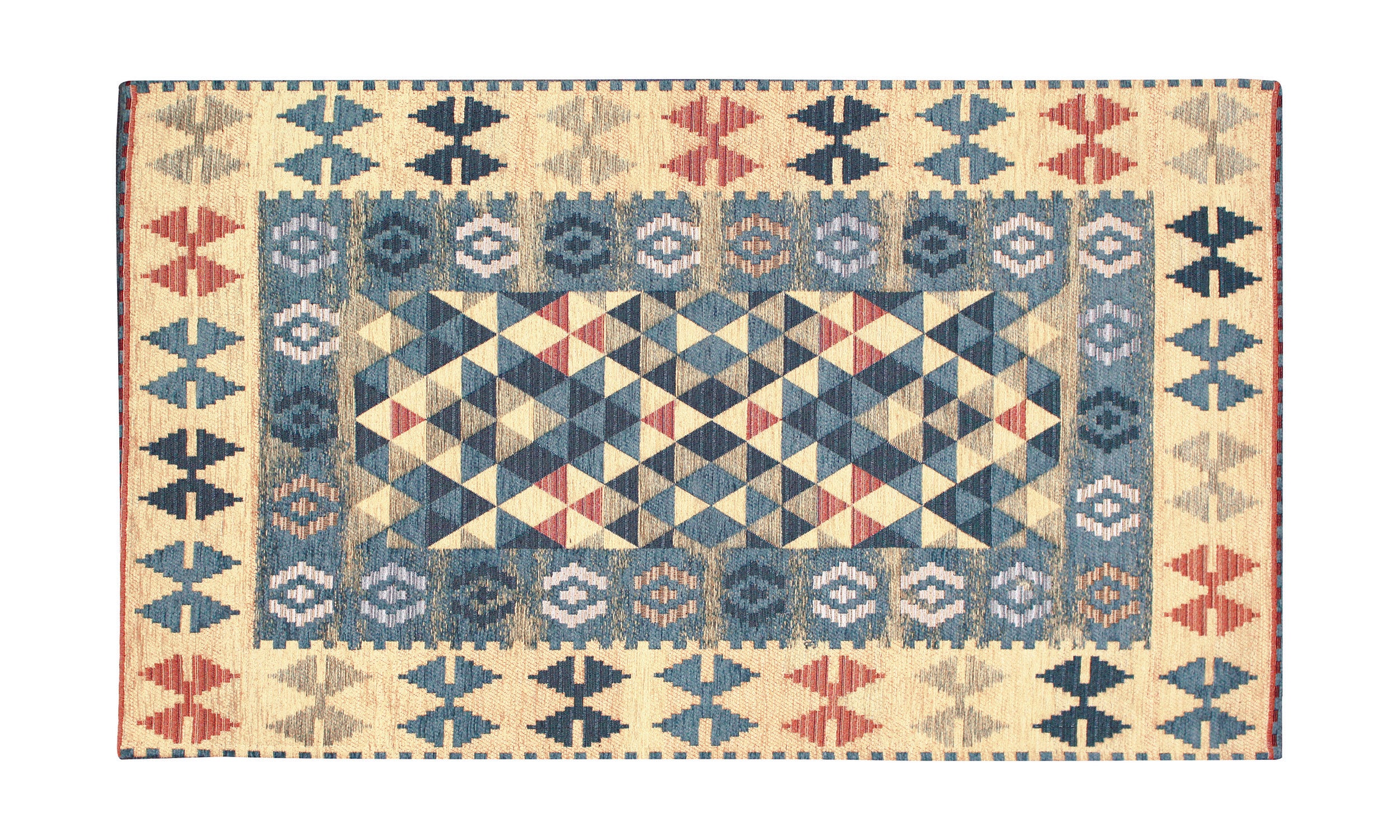 Modern kilim rug in blue and cream with geometric patterns, non-slip, 65x115 cm.
