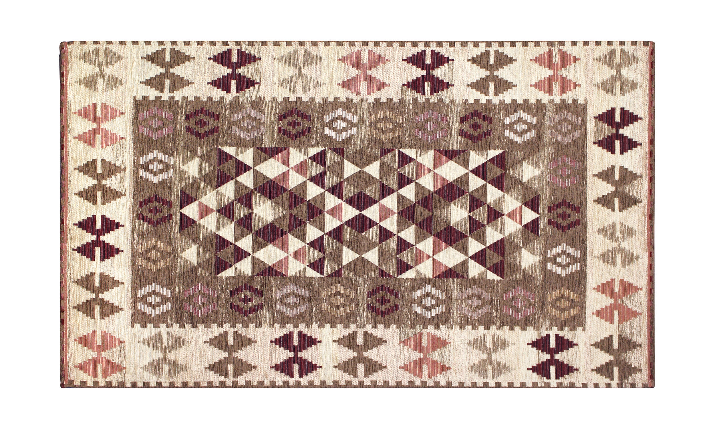 Tappeto arredo dis.Kilim color fango, design geometrico, 115x175 cm, antiscivolo e morbido, ideale per ogni stanza.