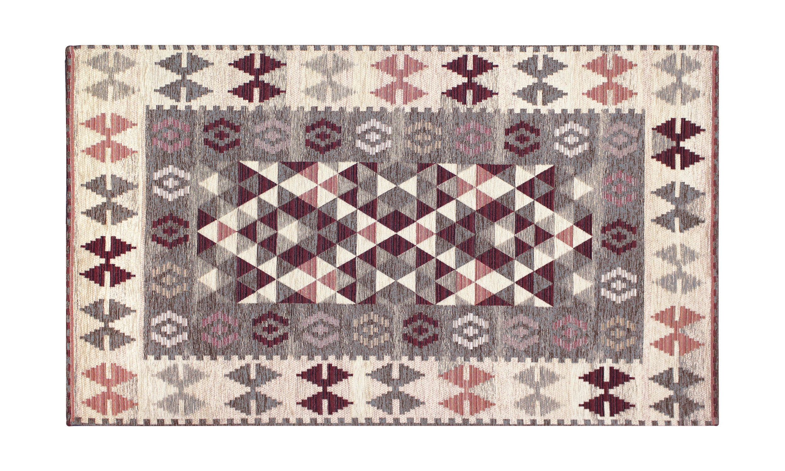 Modern kilim rug in warm grey tones, 65x115 cm, with anti-slip feature and vibrant geometric pattern.