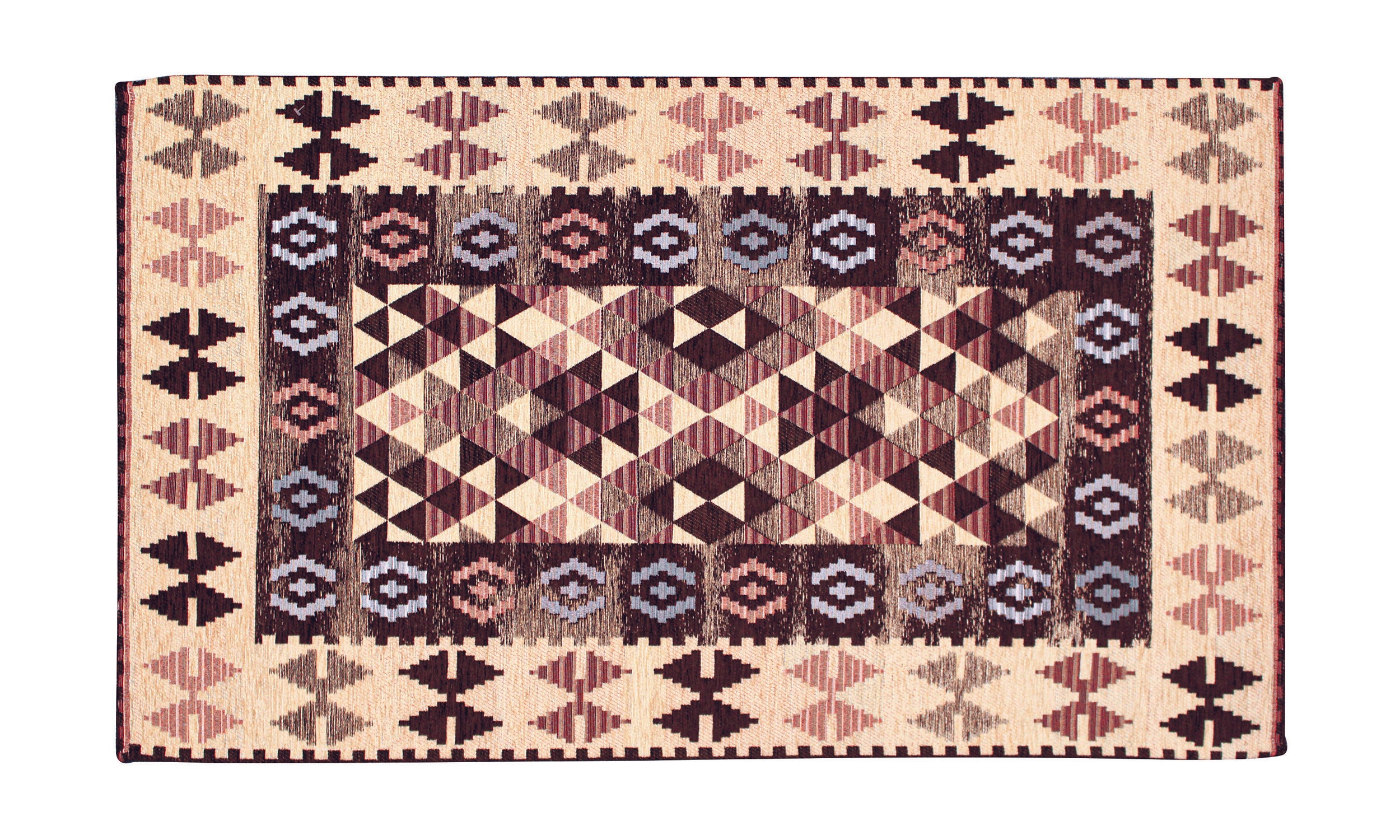 Tappeto dis.Kilim marrone fondente 65x115 cm, design geometrico vivace e antiscivolo, elegante per ogni stanza.