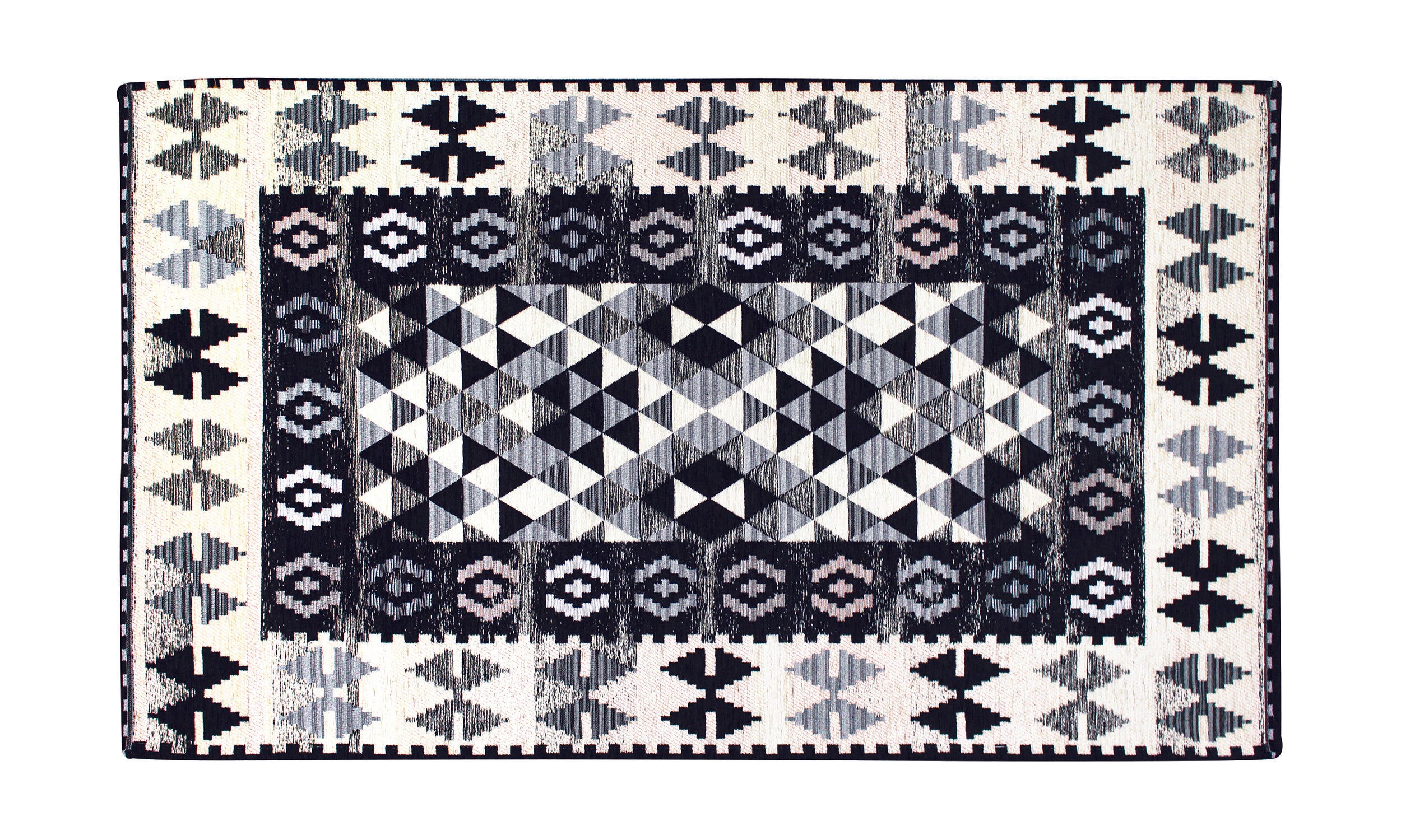 Modern black kilim rug 65x115 cm with geometric patterns, non-slip, soft and easy to clean for stylish interiors.