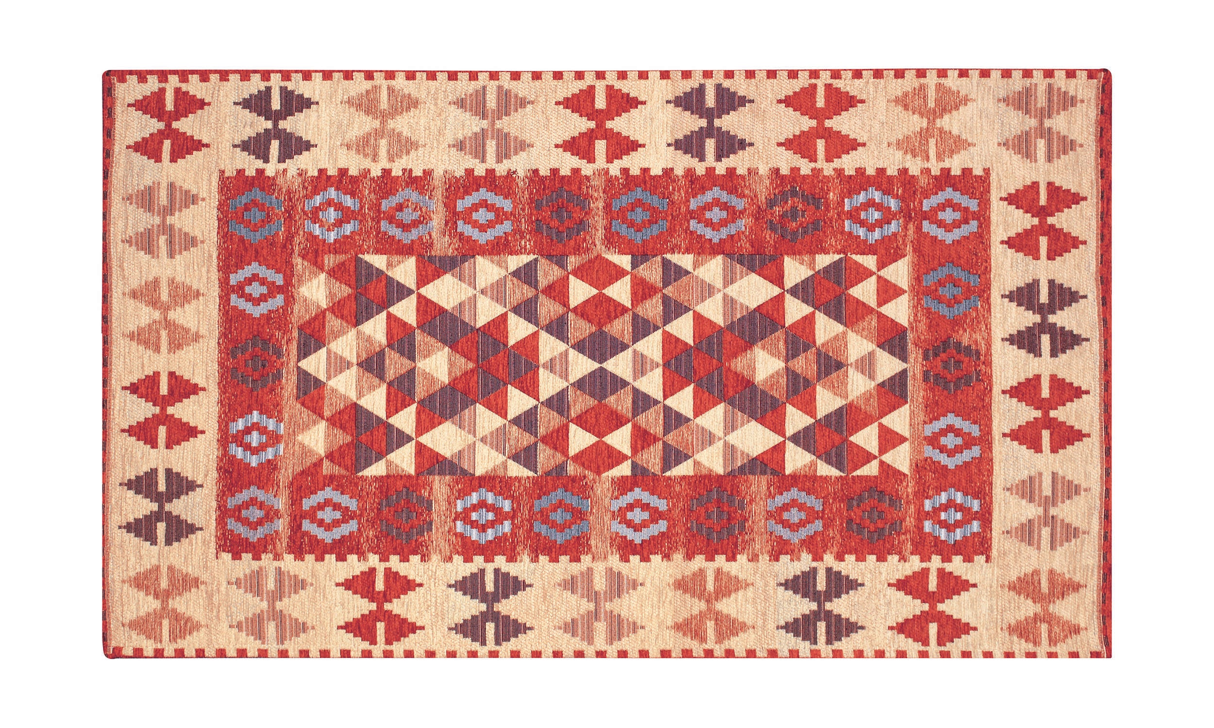 Tappeto arredamento Dis.Kilim ruggine 65x115 cm con motivi geometrici in tonalità vivaci e antiscivolo.