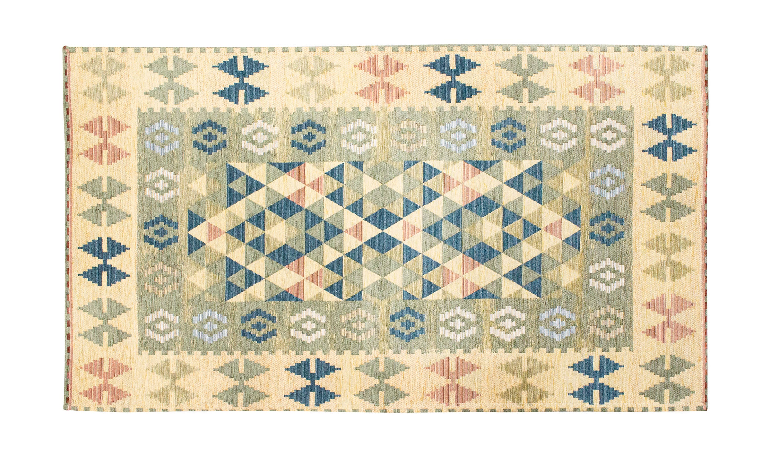 Decorative green and beige kilim rug measuring 65x115 cm, featuring geometric patterns and non-slip backing.