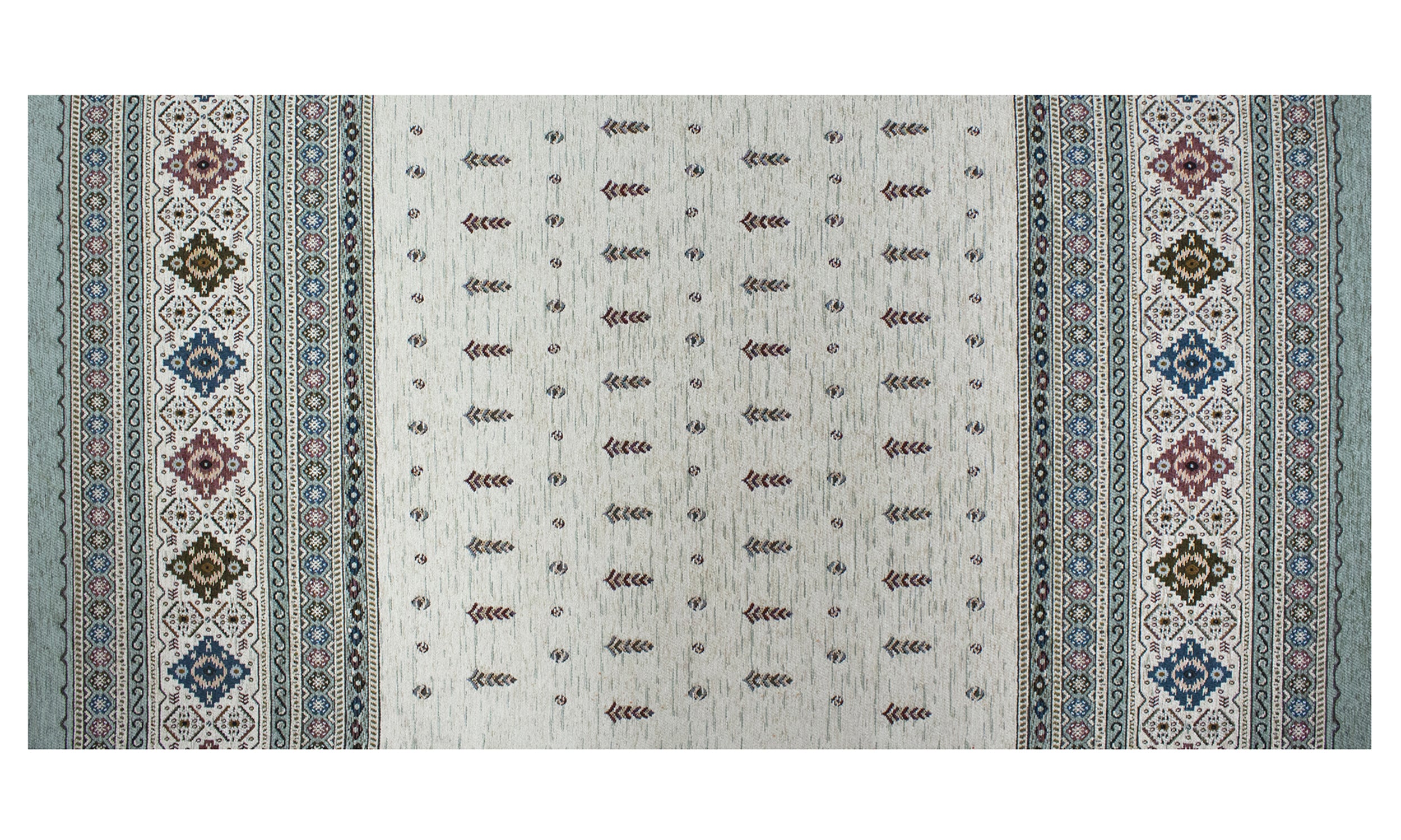Modern patterned rug in light shades with intricate designs and borders, perfect for enhancing any room.