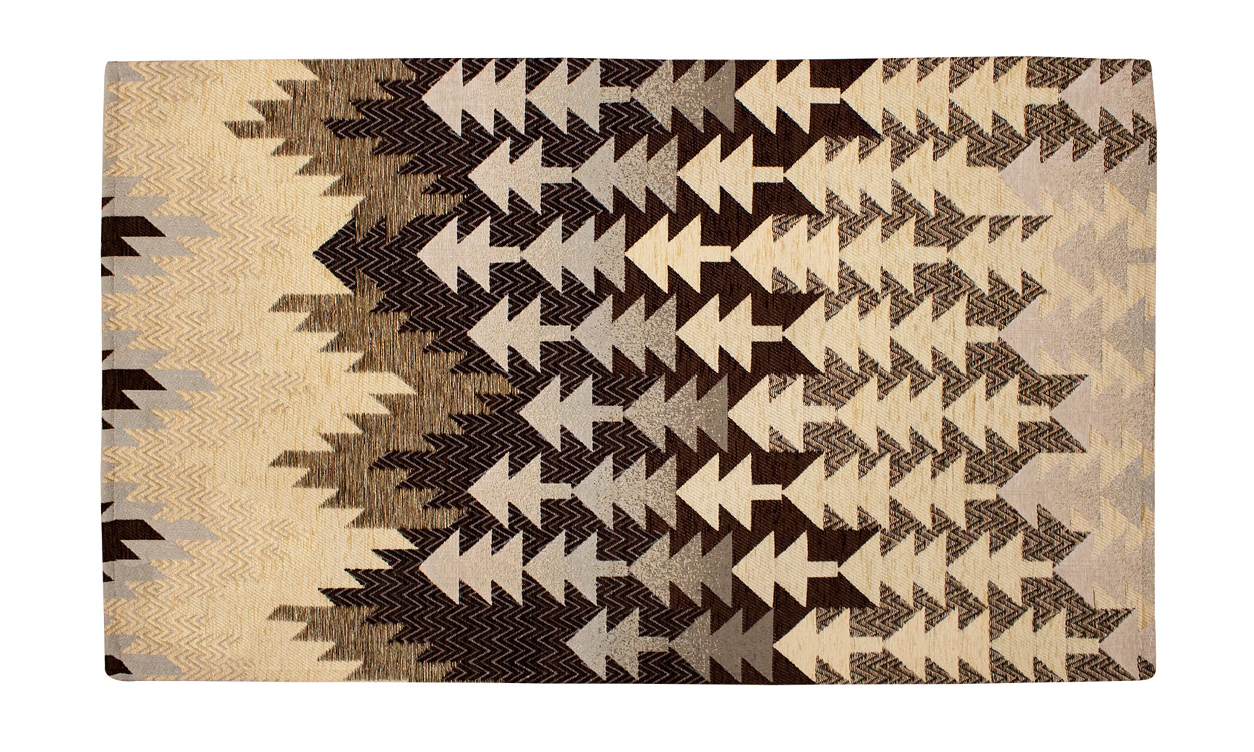 Tappeto moderno con design geometrico a frecce in tonalità marrone, beige e grigio, 115x175 cm.