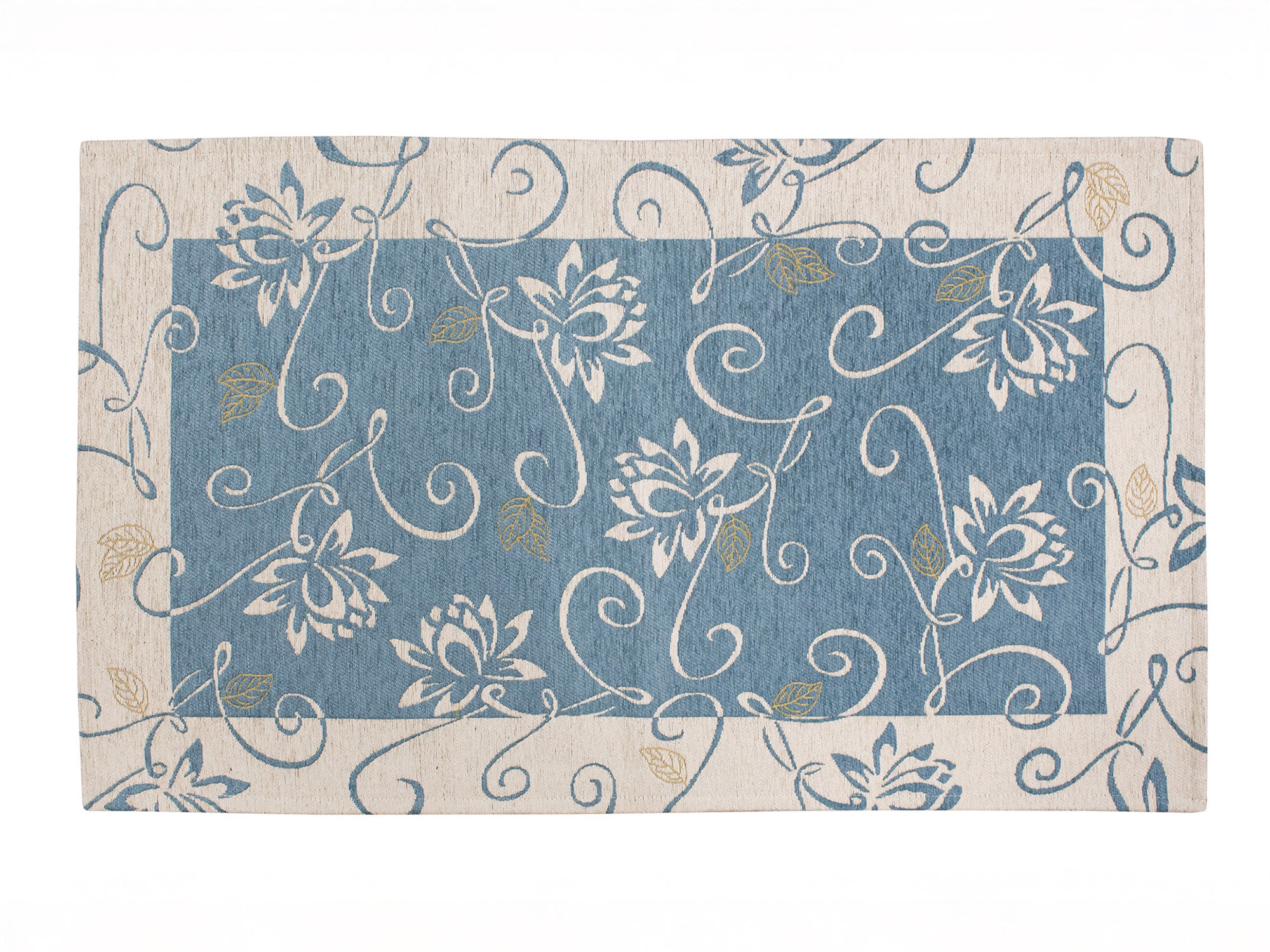 Modern blue floral rug with sculpted effect, anti-slip, 115x175 cm, soft chenille fabric.