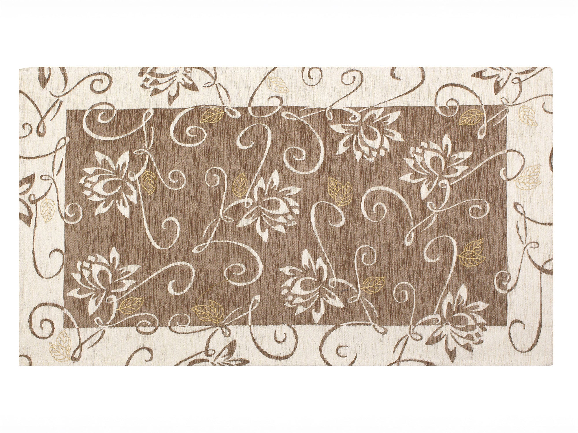 Tappeto decorativo con motivi floreali su sfondo marrone, dimensioni 115x175 cm, design moderno e antiscivolo.
