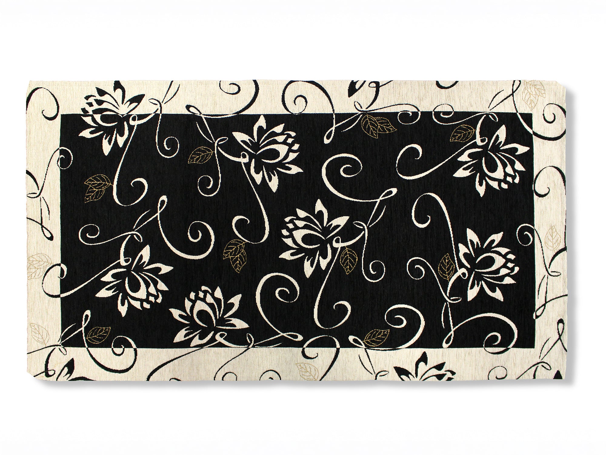 Tappeto moderno nero con disegno floreale bianco e dettagli eleganti, ideale per arricchire ogni stanza.