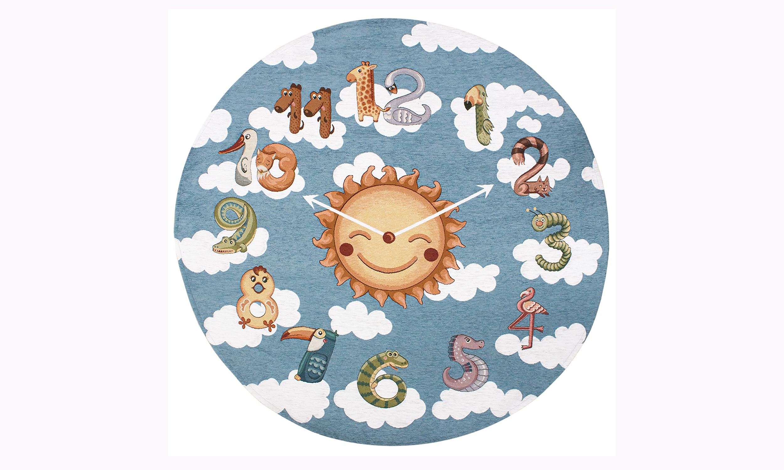 Round carpet with a cheerful sun design and colorful numbers on a blue cloud background.