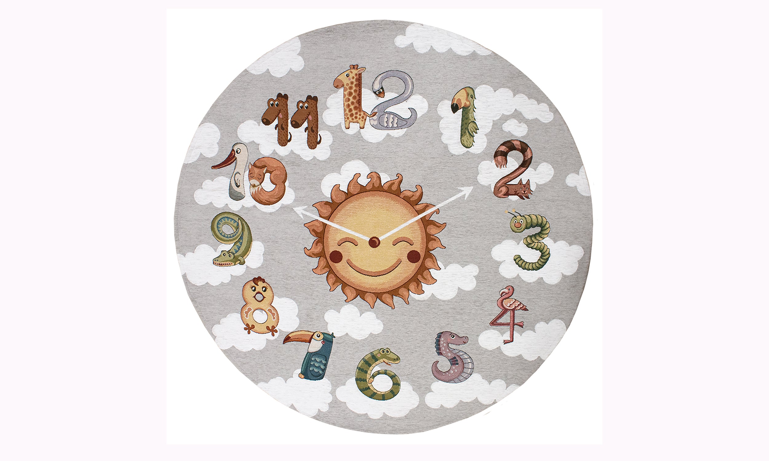 Tappeto rotondo grigio con disegno del sole e numeri animali, diametro 140 cm, ideale per camerette.