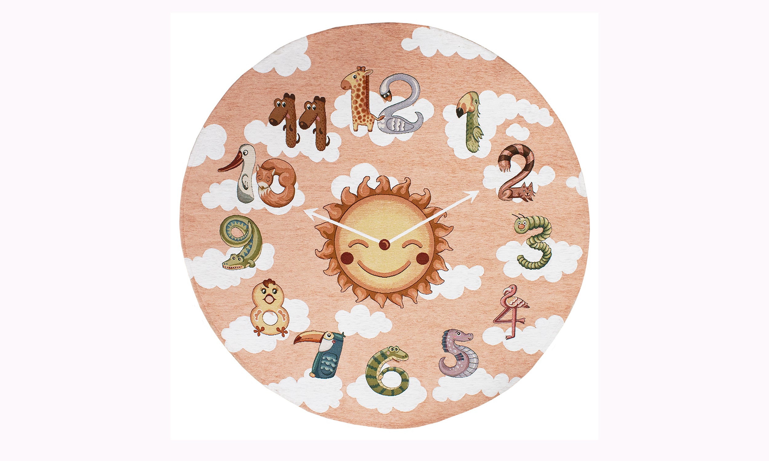 Colorful round clock for kids with sun design and whimsical numbers on a cloud background.