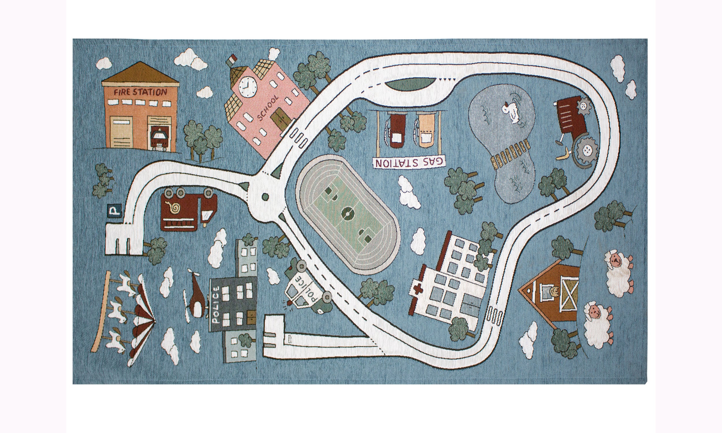 Colorful children's play rug with a road design featuring buildings, cars, trees, and clouds.