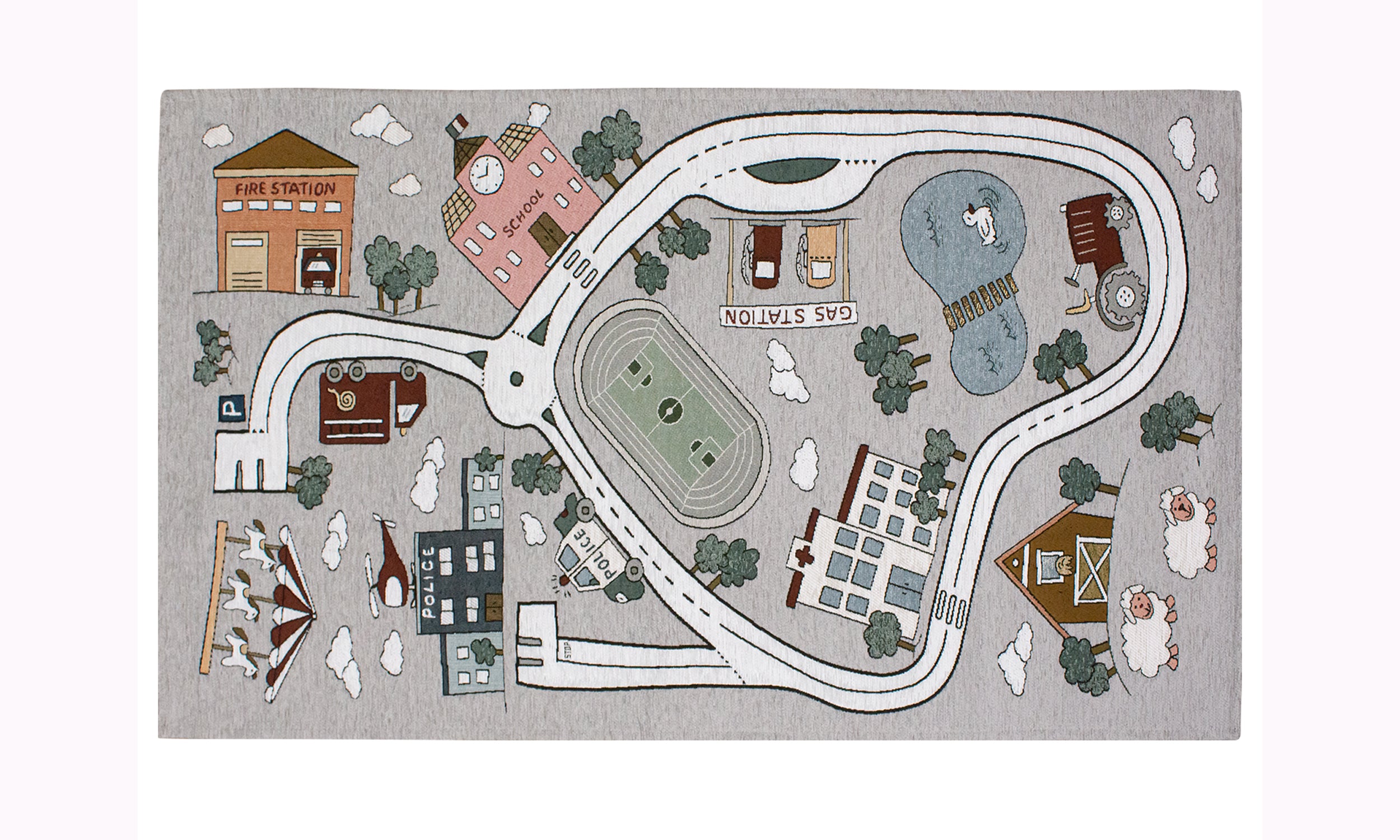 Tappeto per cameretta con mappa stradale, case e animali, design colorato e moderno, dimensioni 80x150 cm.