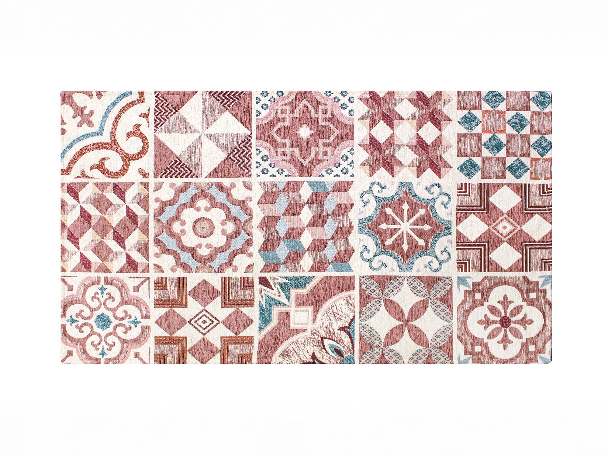 Modern multicolored rug with intricate tile patterns in shades of plum, blue, and cream.