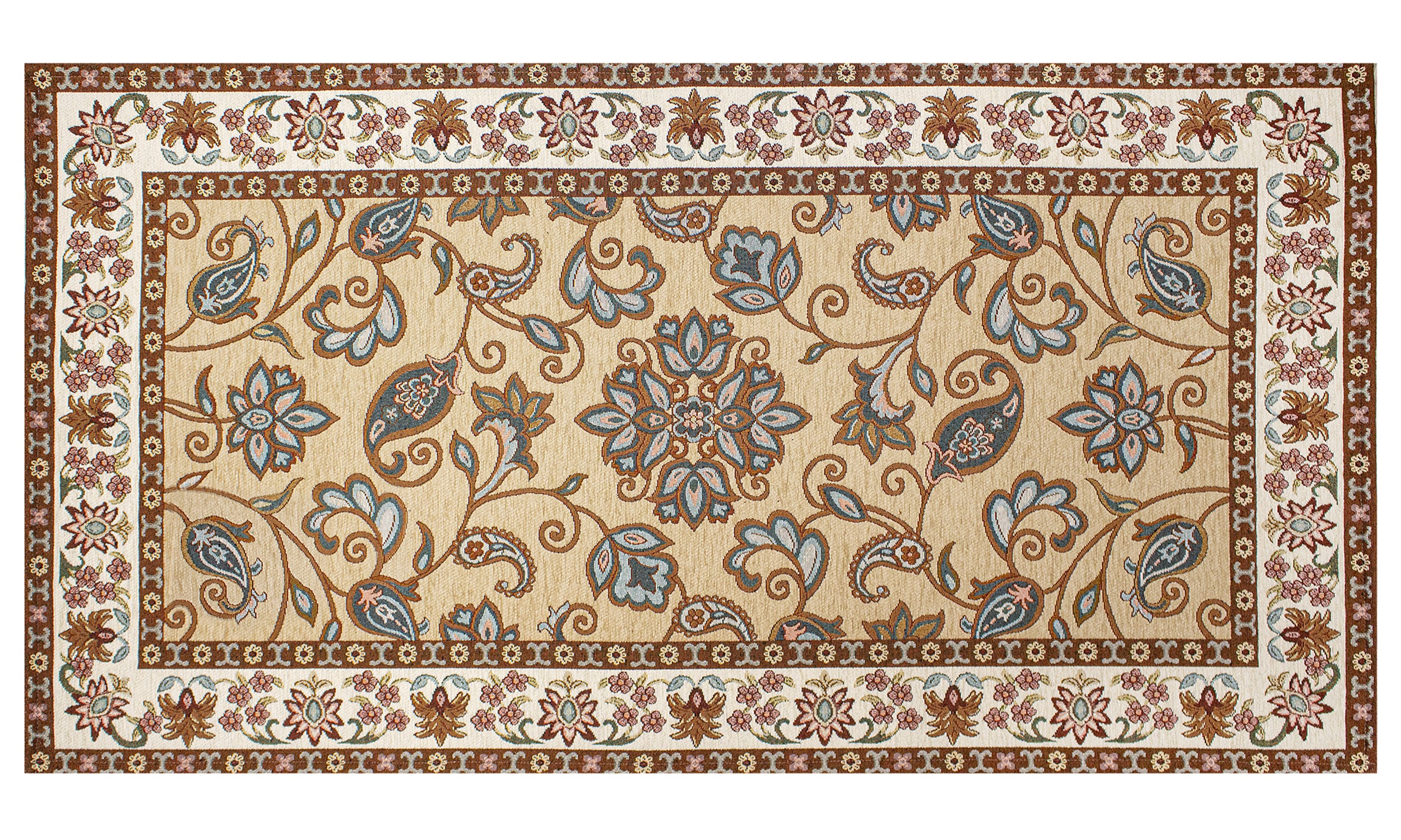 Modern decorative rug with floral design in beige, blue, and brown colors, measuring 65x115 cm.