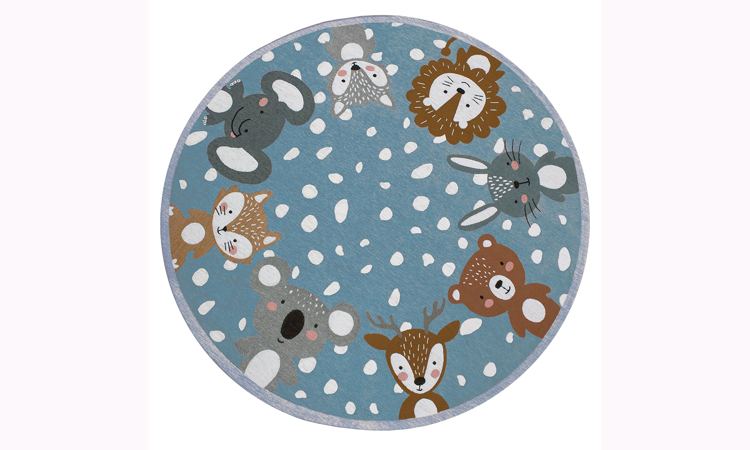 Tappeto tondo di 140 cm con design di animali su sfondo azzurro, morbido e antiscivolo per cameretta.