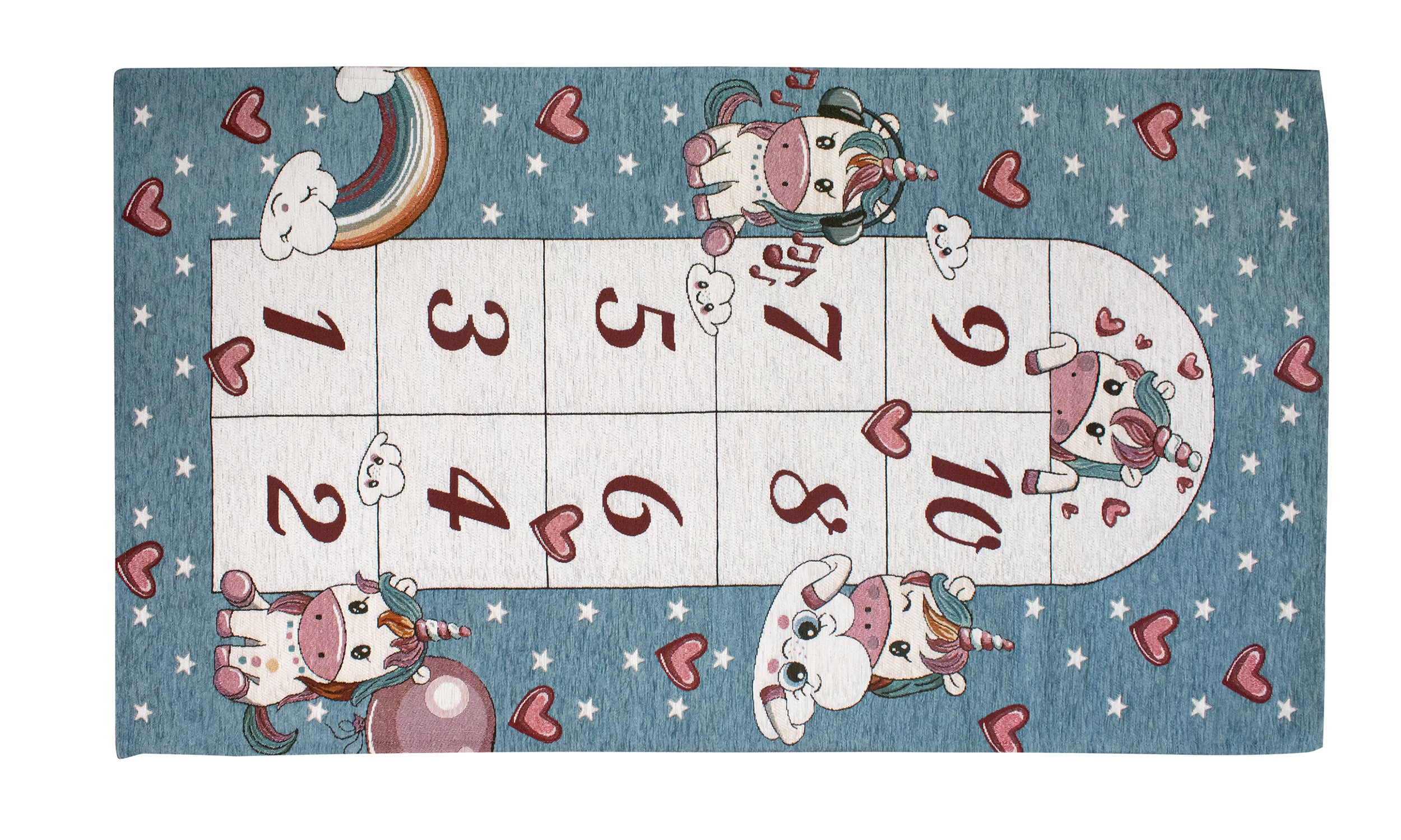 Tappeto cameretta azzurro con unicorni e numeri, anti-scivolo e morbido, dimensioni 80x150 cm.