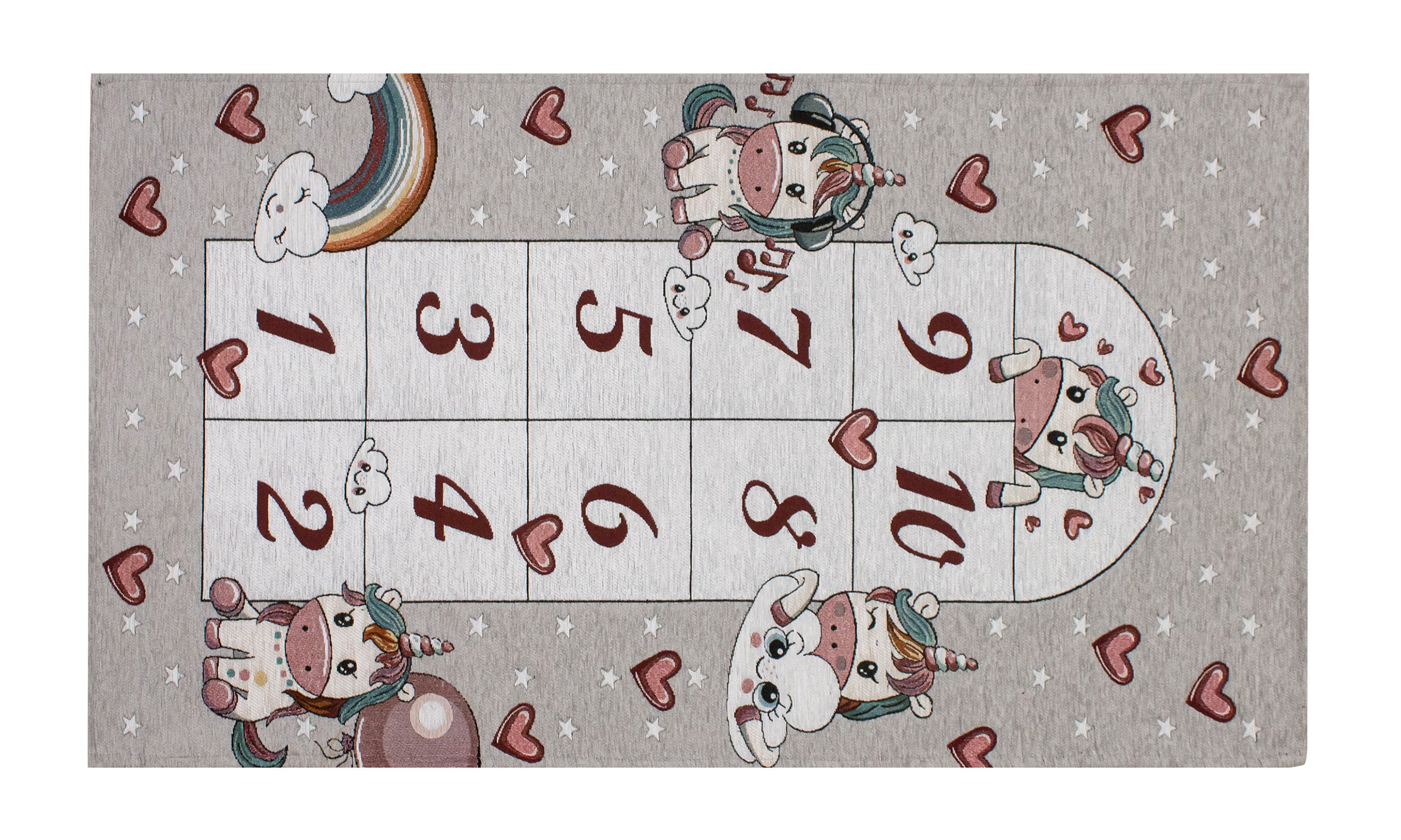 Tappeto antiscivolo con design unicorni e numeri, 115x175 cm, con texture morbida e stabile per camerette.
