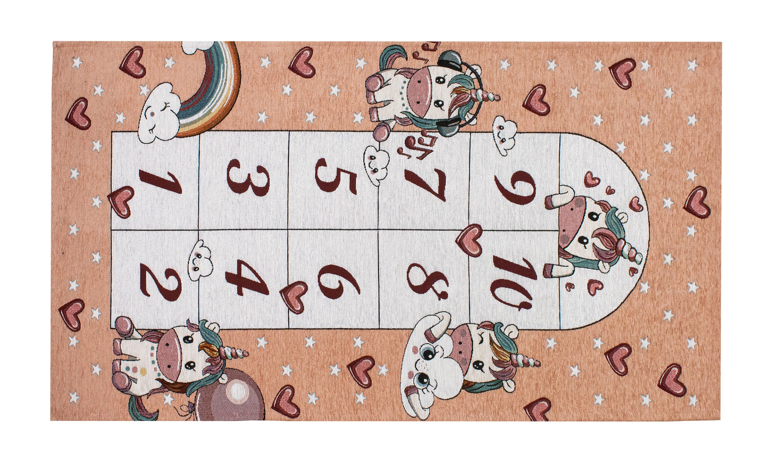 Colorful unicorn-themed rug with a hopscotch design, featuring hearts and playful characters on a soft peach background.