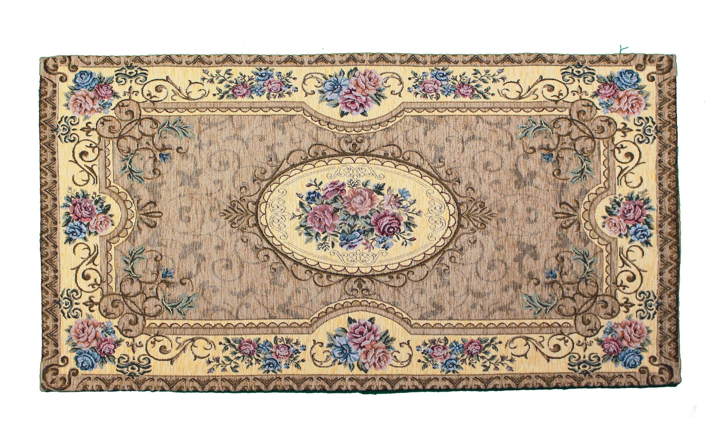 Elegant floral area rug with intricate design, featuring roses on a beige background, perfect for home decor.