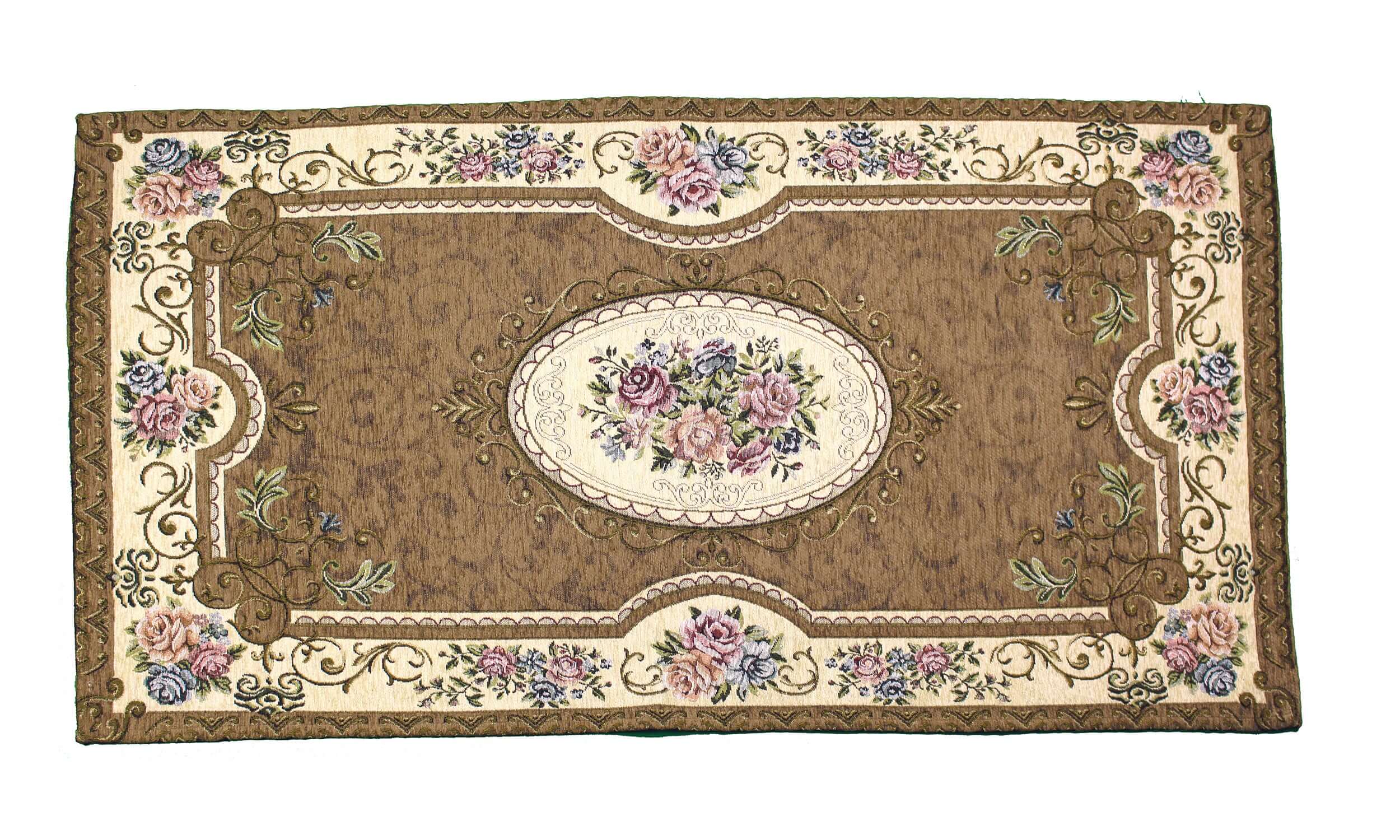 Decorative brown rug with floral pattern and intricate border design, enhancing interior aesthetics.