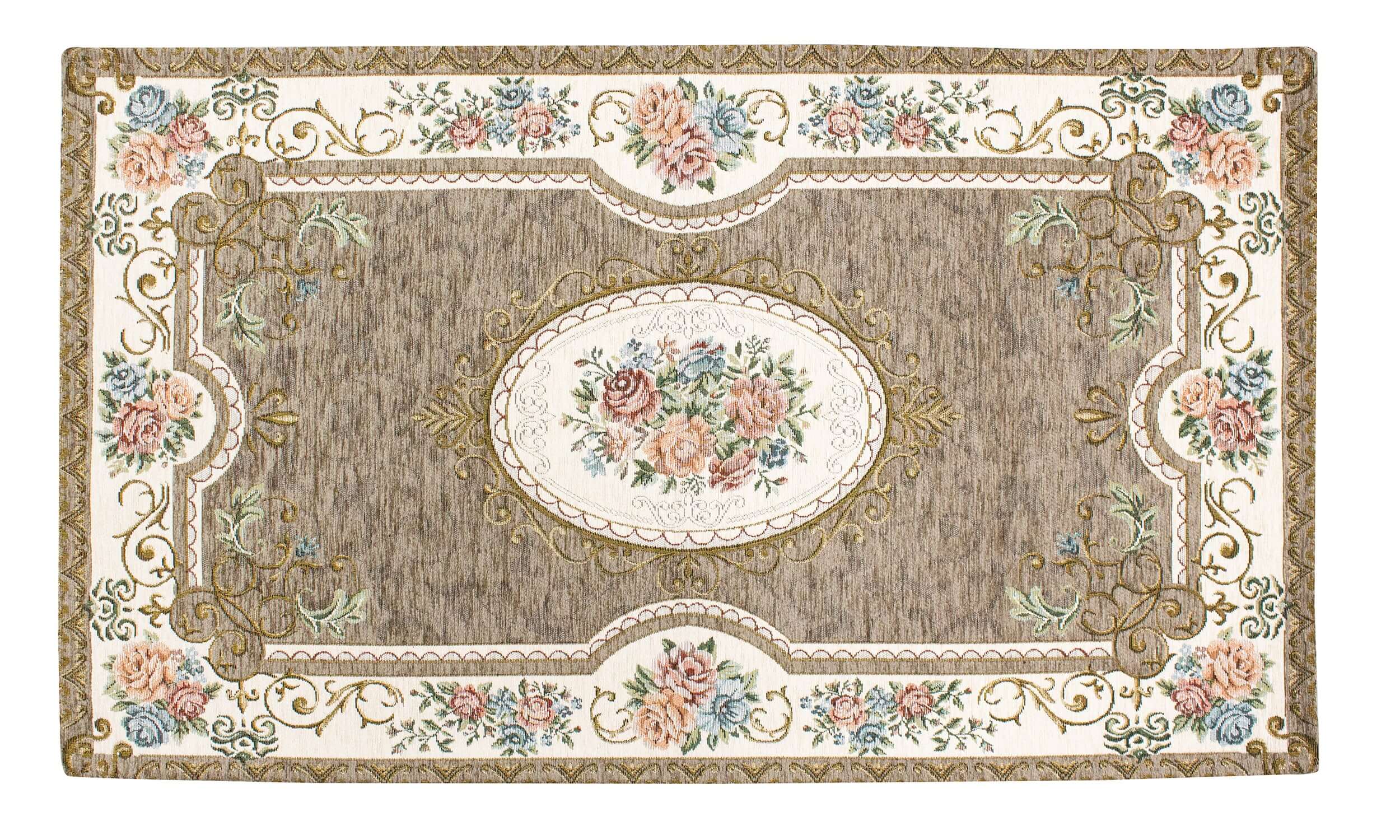 Elegant floral area rug with intricate designs, featuring pastel flowers on a warm beige background.