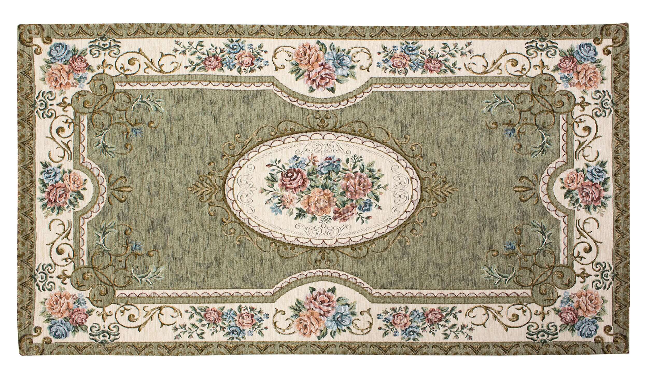 Tappeto decorativo con design floreale su sfondo verde, ideale per arredare qualsiasi stanza.