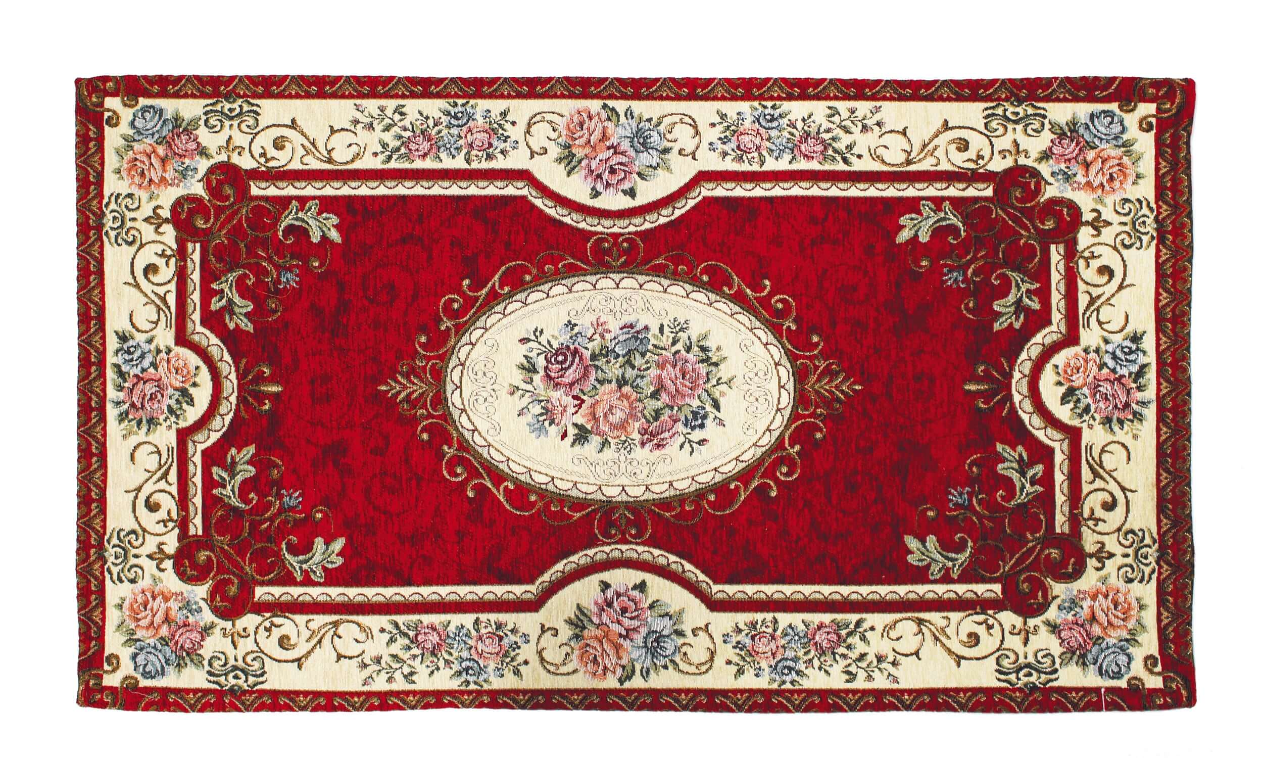 Red decorative rug with floral designs and ornate borders, ideal for enhancing any room's decor.