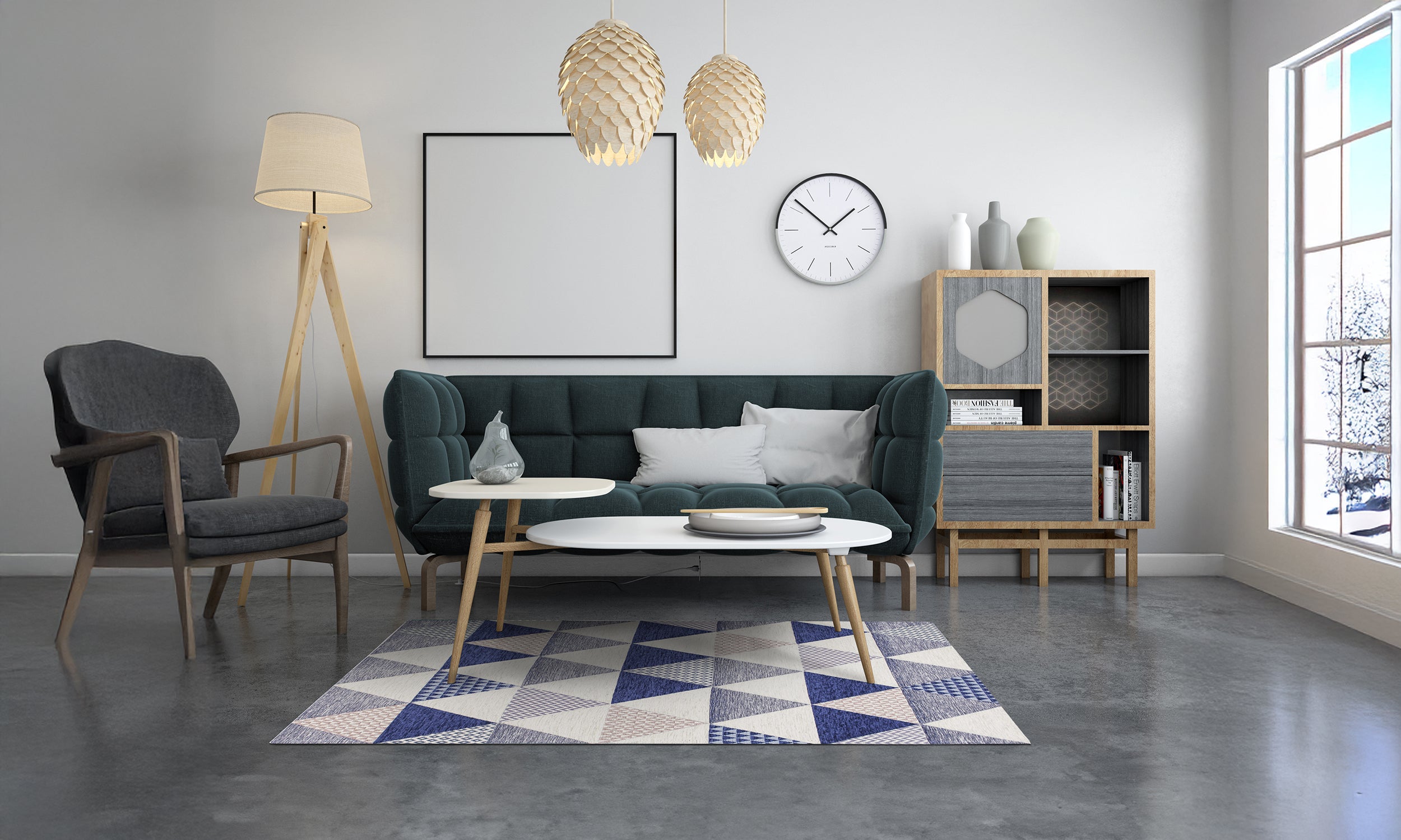 Modern living room featuring a blue triangle rug, stylish furniture, and natural light.